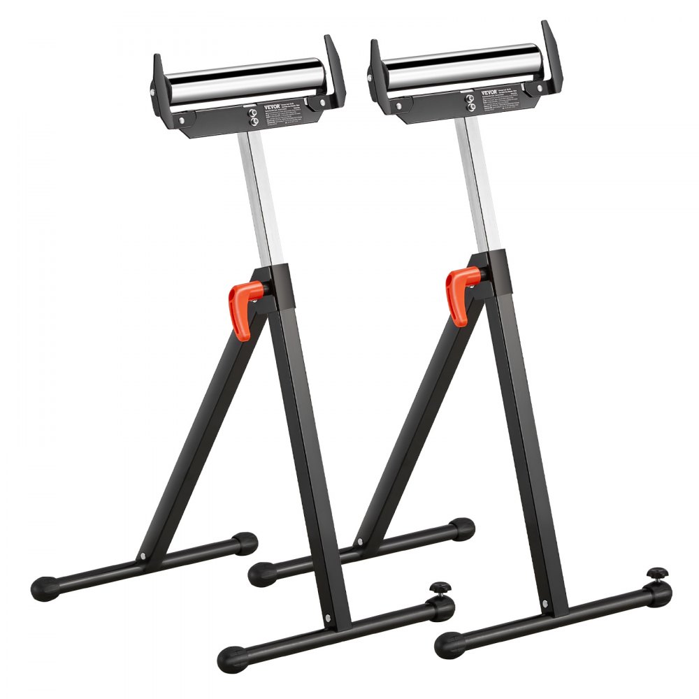 VEVOR 2-Pack Roller Stands, 250 lbs Load Capacity, 27-43 in Adjustable Height, Folding Heavy Duty with Polished Steel Roller Head & Edge Guides, for Table Saw Outfeed Woodworking Extension Support
