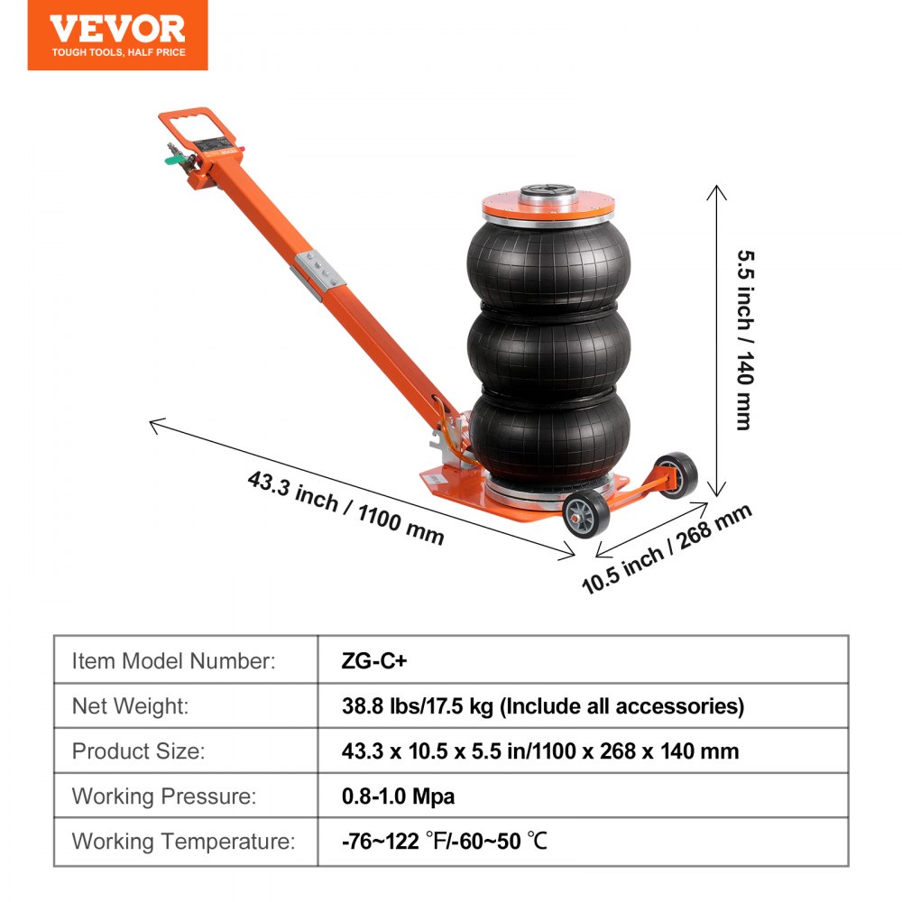 VEVOR Pneumatische krik 3 ton met verhoogde kolom en verstelbare handgreep, gemakkelijk op te tillen en ruimtebesparende krik met dikke rubberen pad, voor sedan, SUV, pick-up