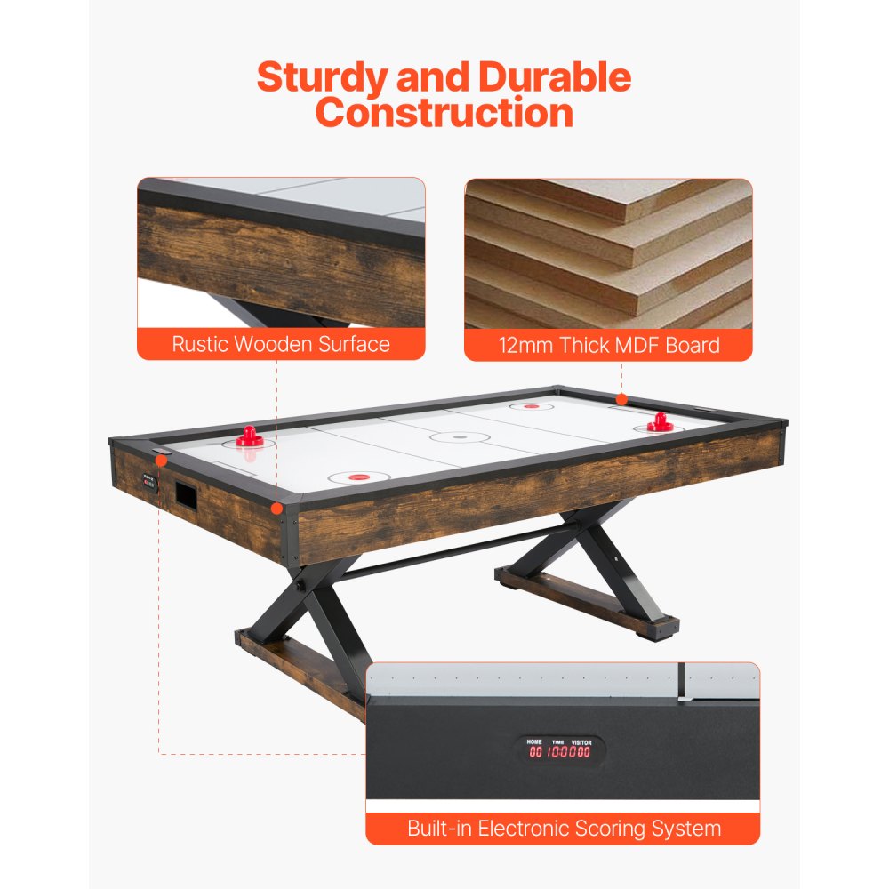 VEVOR Airhockeytafel (214 cm) met 2 duwers, 2 pucks, elektronische scorebord en X-vormige poten, luchtaangedreven hockeytafel voor familiefeestjes, spelletjes, familiereünies en kantoor