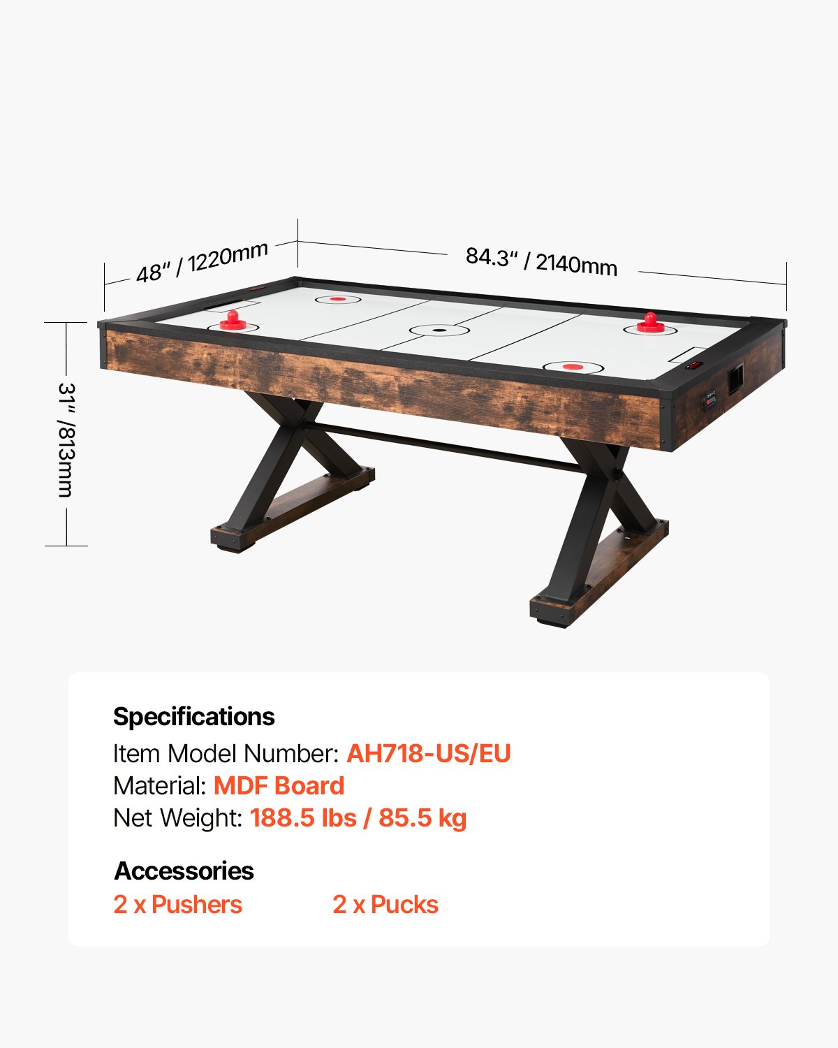 VEVOR Airhockeytafel (214 cm) met 2 duwers, 2 pucks, elektronische scorebord en X-vormige poten, luchtaangedreven hockeytafel voor familiefeestjes, spelletjes, familiereünies en kantoor