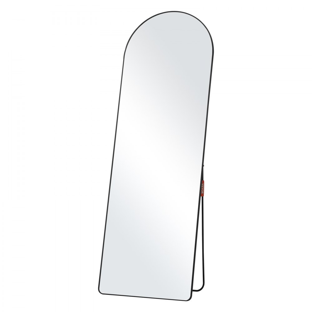 VEVOR full length mirror with black frame, arched top, and stand.