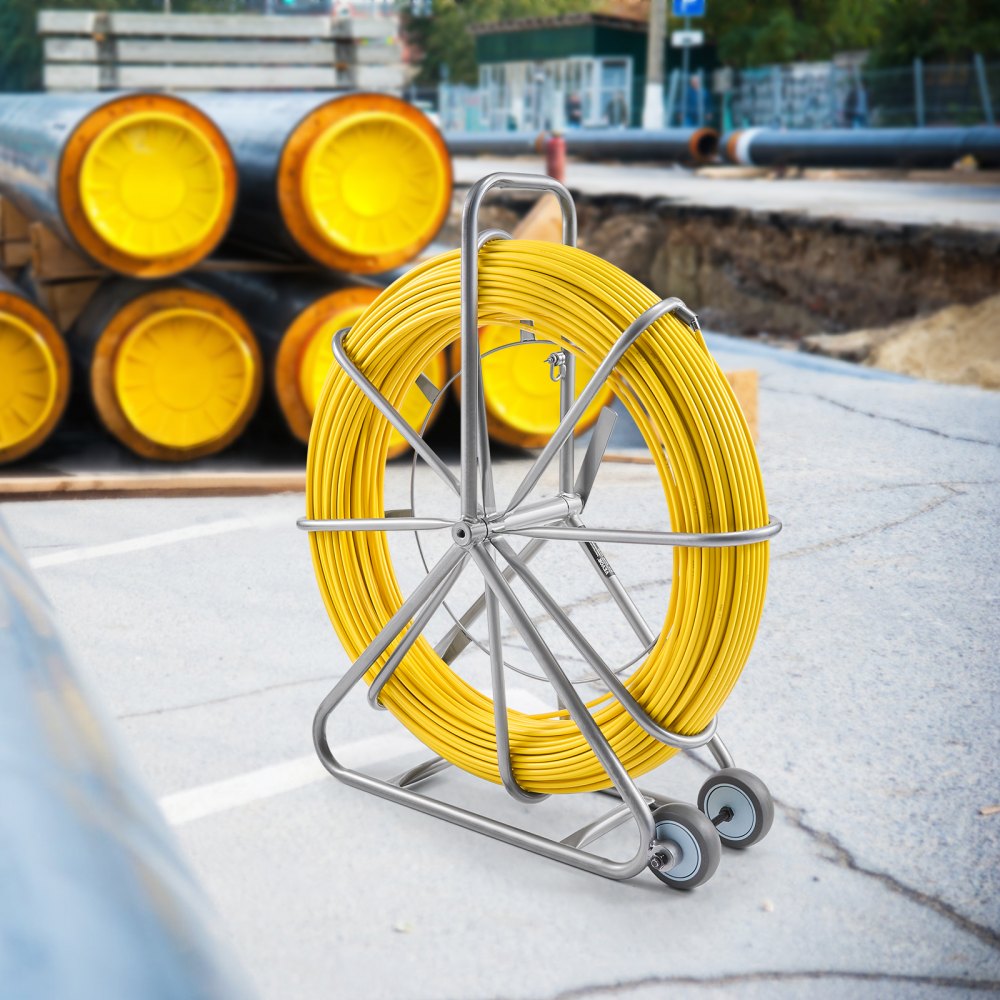 VEVOR Fish Tape Fiberglass, 656 ft, 5/16 in, Duct Rodder Fishtape Wire Puller, Cable Running Rod with Steel Reel Stand, 3 Pulling Heads, Fishing Tools for Walls and Electrical Conduit, Non-Conductive