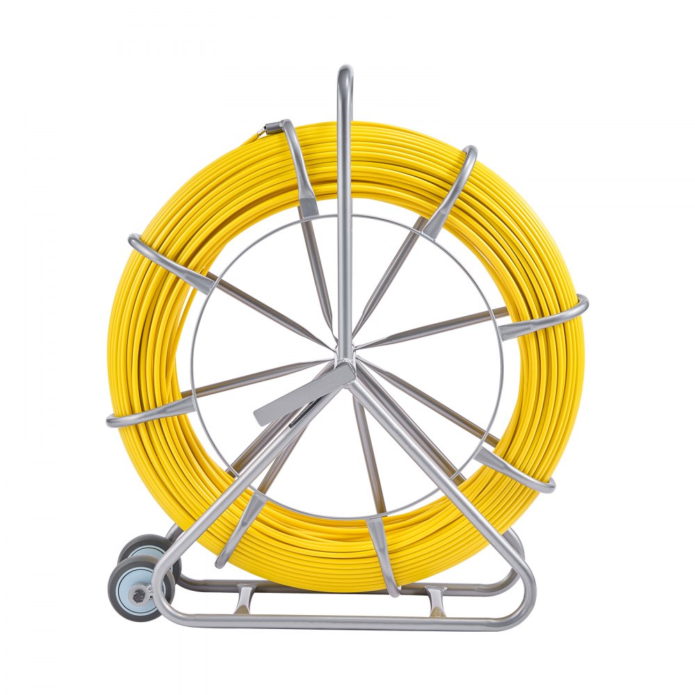 VEVOR Fish Tape Fiberglass, 656 ft, 5/16 in, Duct Rodder Fishtape Wire Puller, Cable Running Rod with Steel Reel Stand, 3 Pulling Heads, Fishing Tools for Walls and Electrical Conduit, Non-Conductive