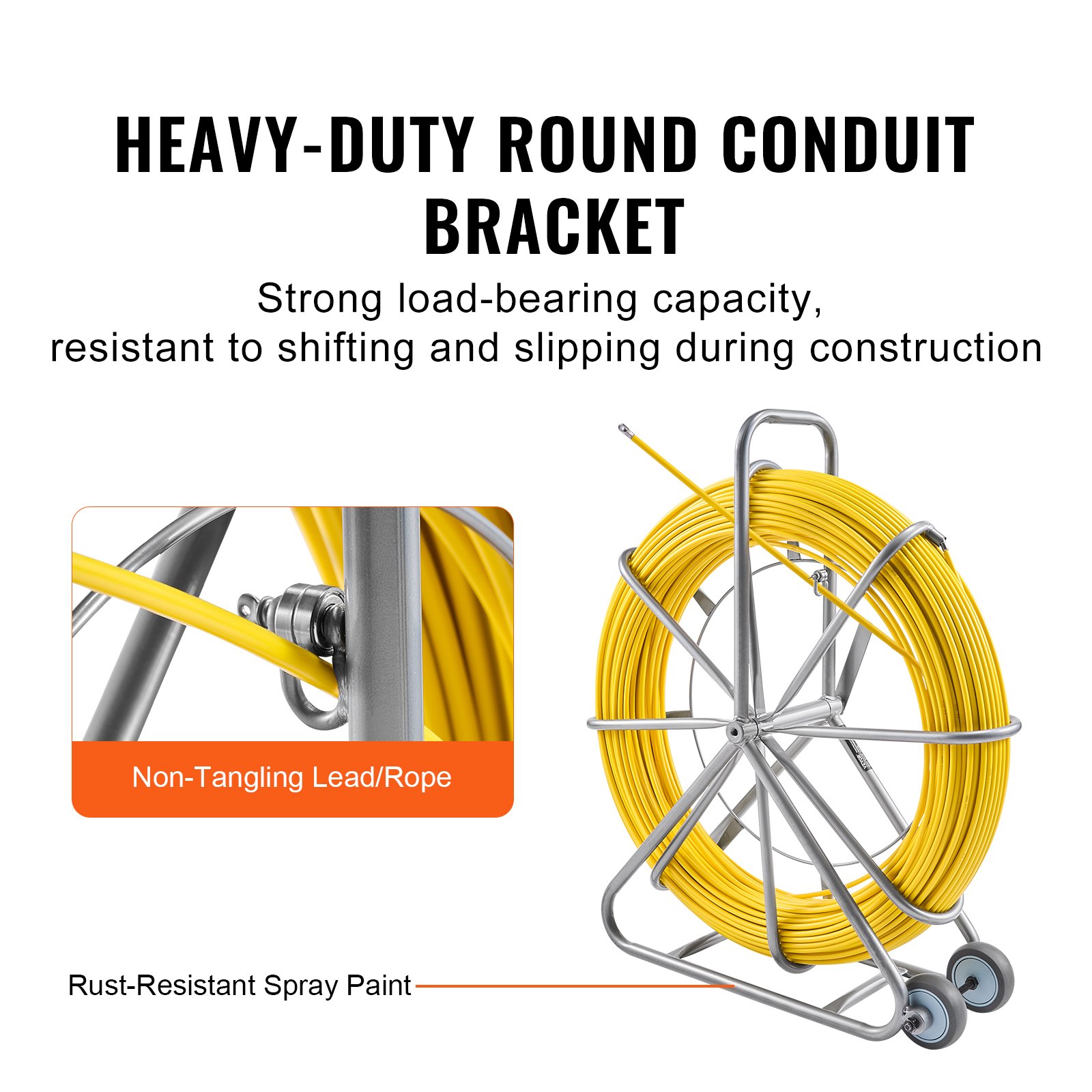 VEVOR Fish Tape Fiberglass, 656 ft, 5/16 in, Duct Rodder Fishtape Wire Puller, Cable Running Rod with Steel Reel Stand, 3 Pulling Heads, Fishing Tools for Walls and Electrical Conduit, Non-Conductive
