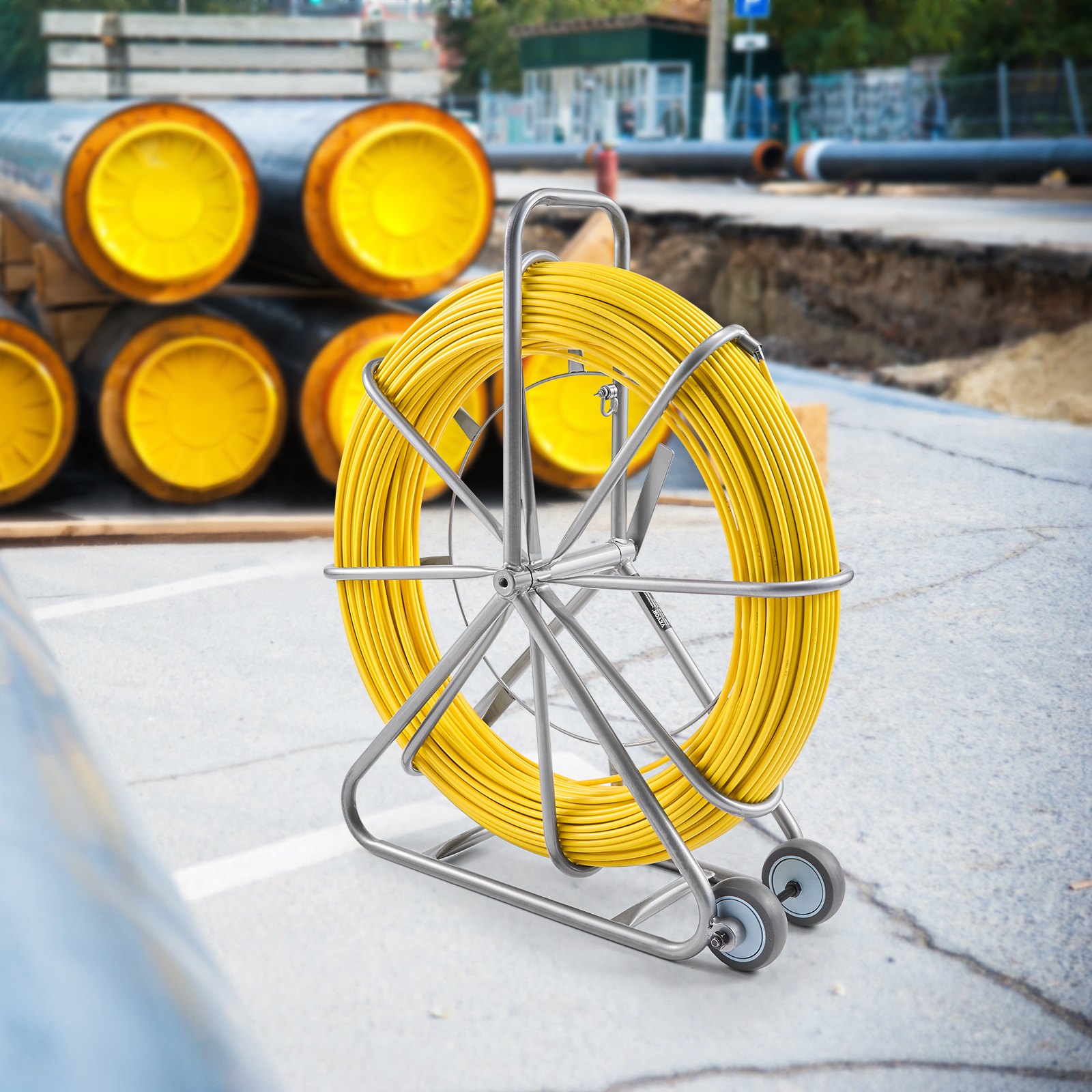 VEVOR Fish Tape Fiberglass, 656 ft, 5/16 in, Duct Rodder Fishtape Wire Puller, Cable Running Rod with Steel Reel Stand, 3 Pulling Heads, Fishing Tools for Walls and Electrical Conduit, Non-Conductive