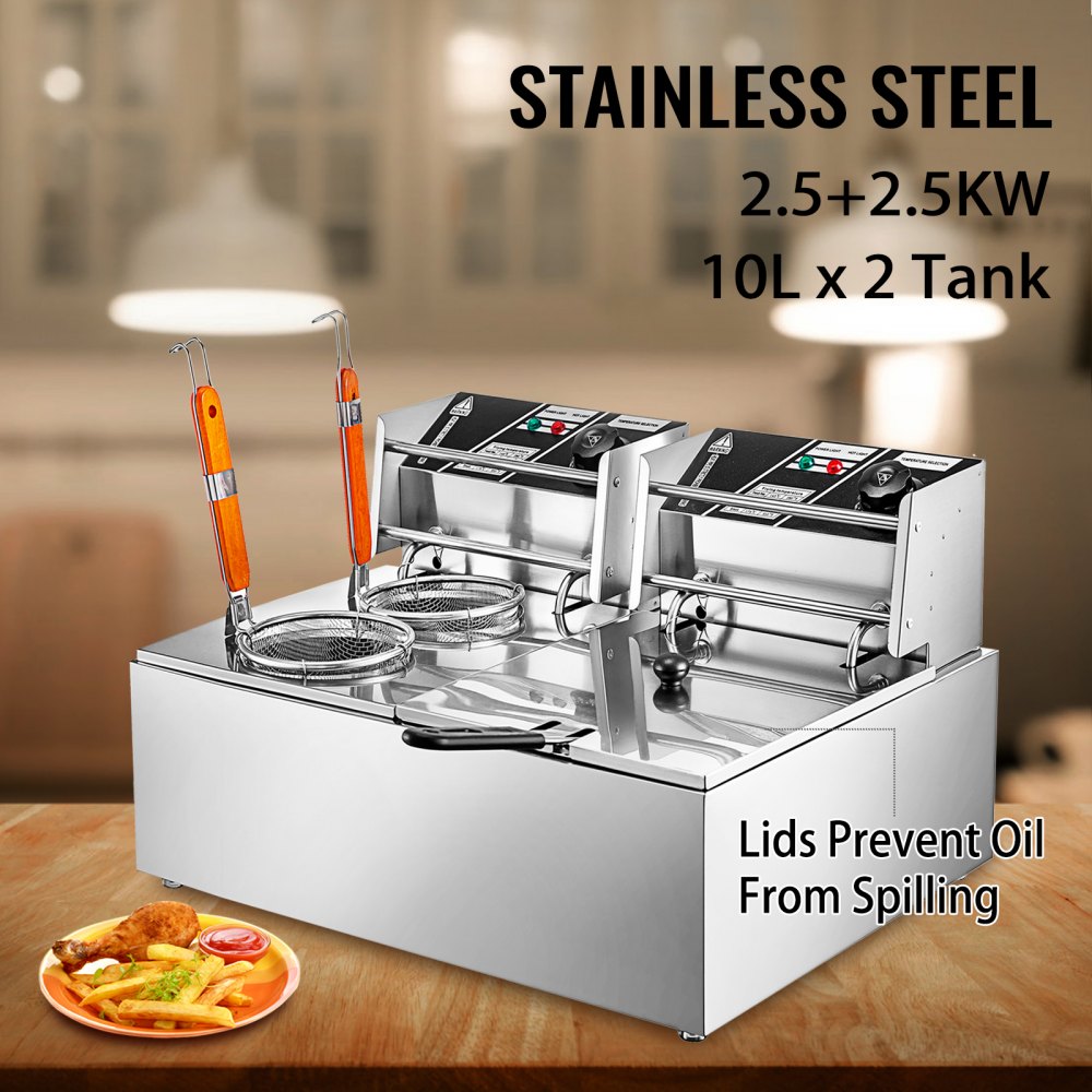 Vevor Friteuse 20 Liter, Elektrische Friteuse, Dubbele Pan Friteuse Rvs 60-200 ℃