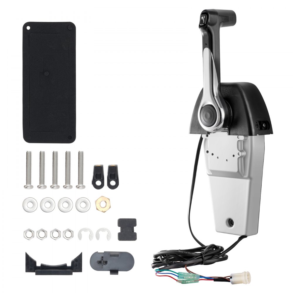 VEVOR boat throttle control with installation hardware and components laid out on a white background.