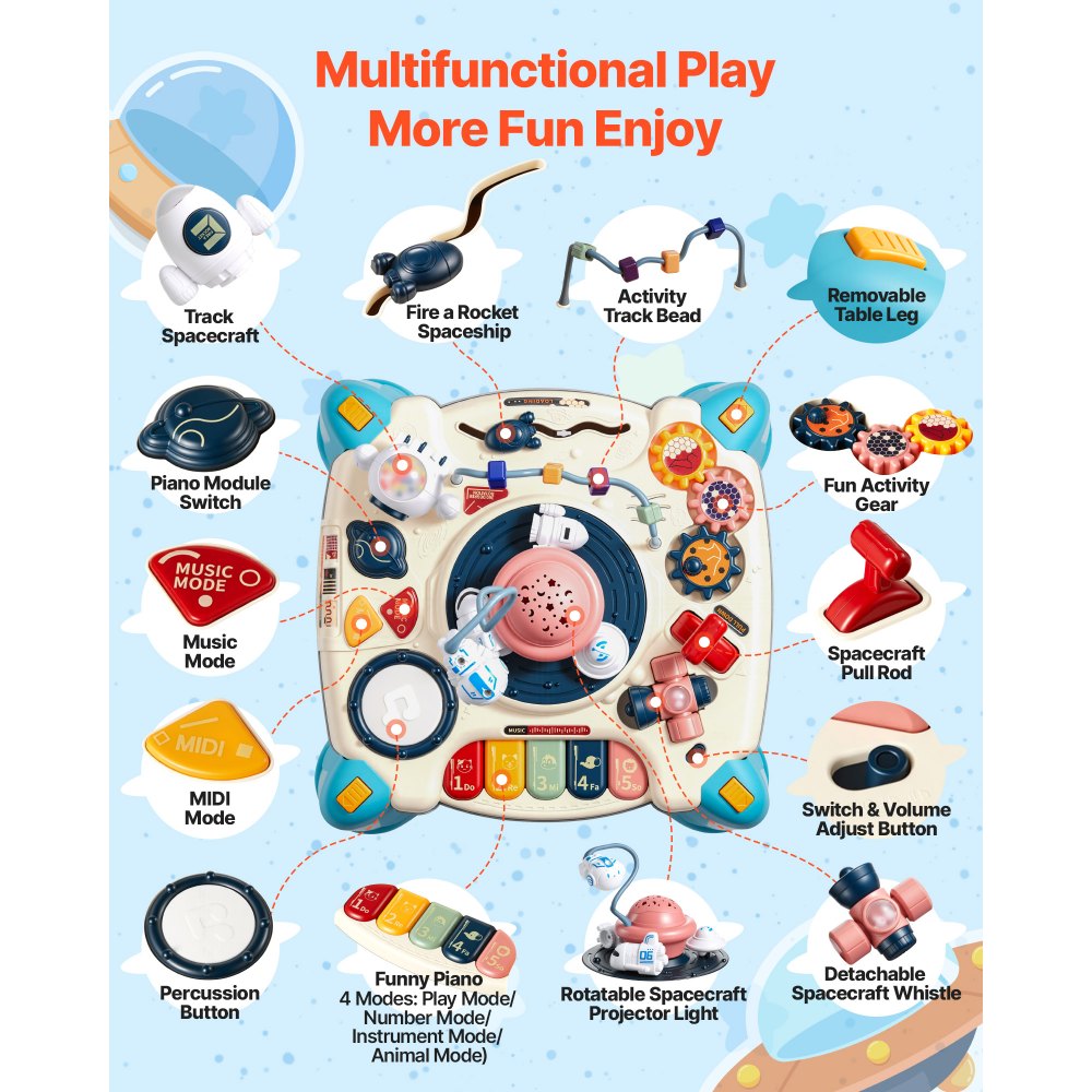 VEVOR Activiteitentafel, Speeltafel inclusief 12 spelletjes en 60 geluidsbronnen, Leertafel met ruimtethema, Zacht gloeiende sterrenprojector, Interactieve kindertafel, Ontdekkingstafel voor kinderen vanaf 6 maanden