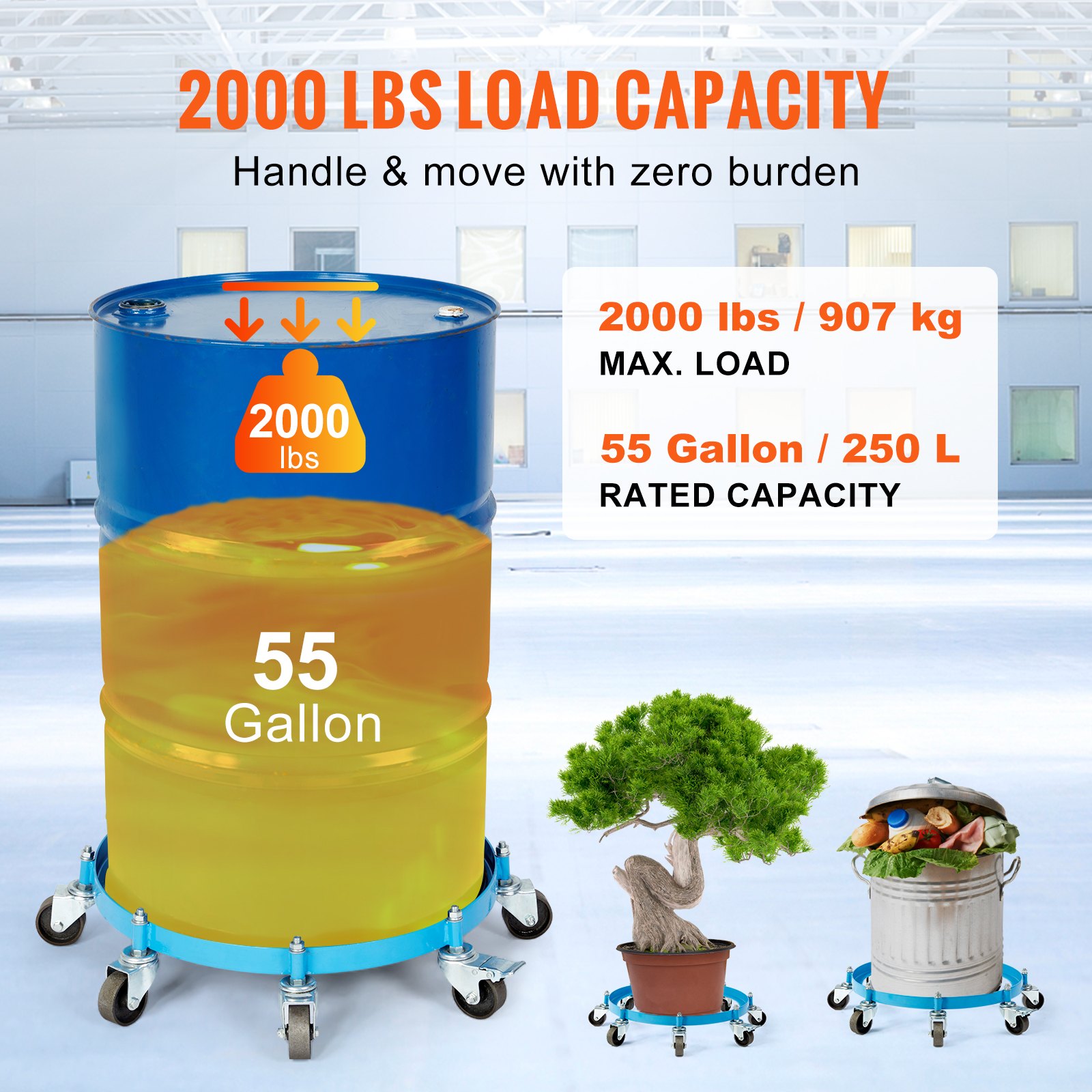 VEVOR vatenroller 250L transportrol carbonstalen rolplank binnendiameter 608mm vatenwagen met 5 universele wielen (1 met rem) transportwagen voor het vervoeren van vaten tot 907kg