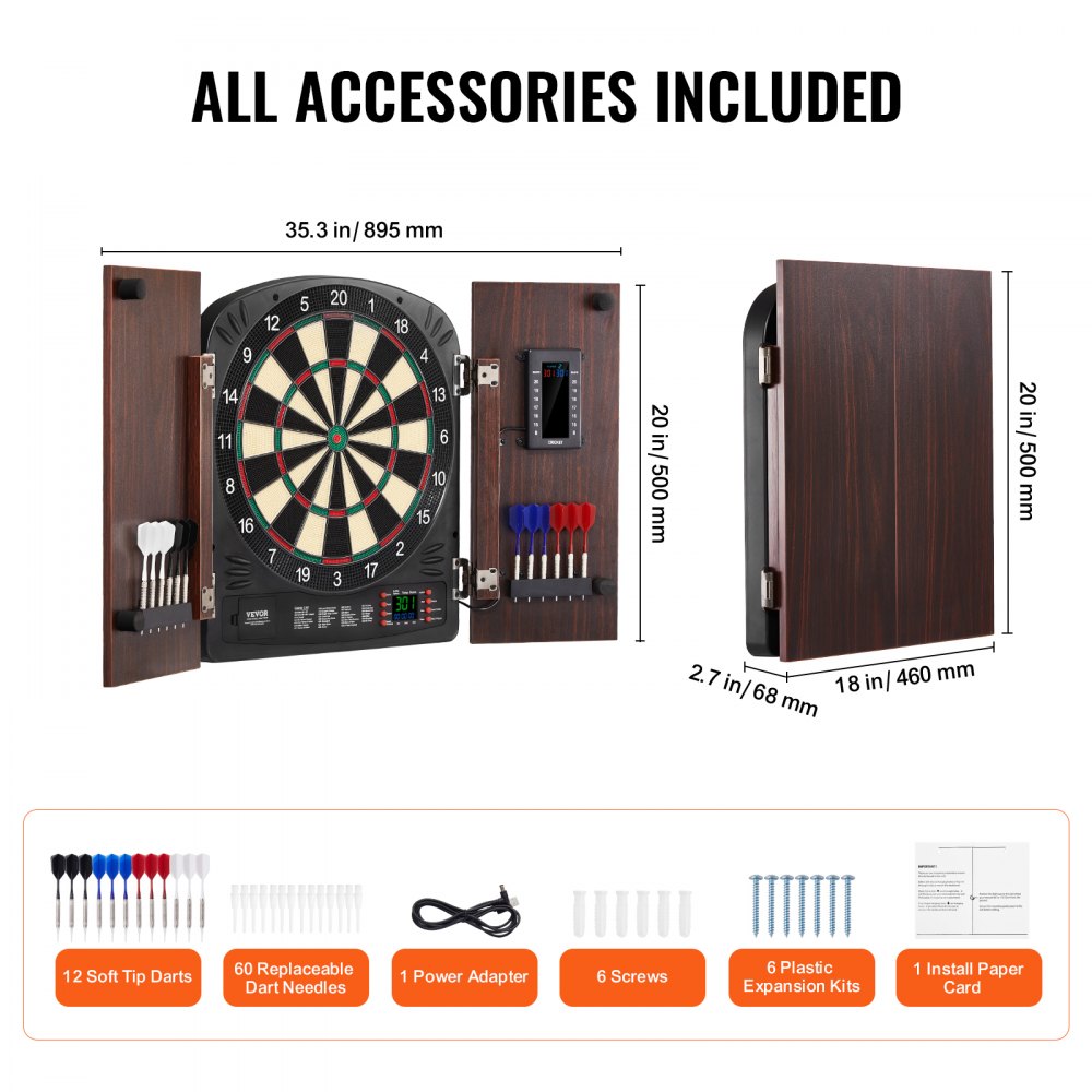 VEVOR Dartbord en Kast Set Home Dartbord Center Dartbord 34,3 cm, Opbergbare Dartkast met Elektronische Score & Eenvoudige Montage, Compleet met Alle Accessoires Party