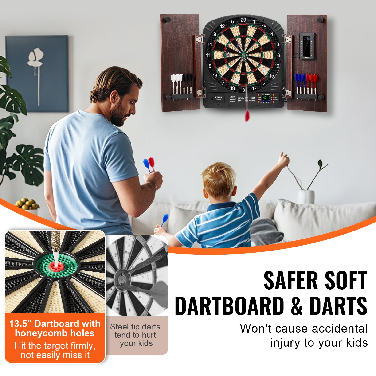 VEVOR Dartbord en Kast Set Home Dartbord Center Dartbord 34,3 cm, Opbergbare Dartkast met Elektronische Score & Eenvoudige Montage, Compleet met Alle Accessoires Party