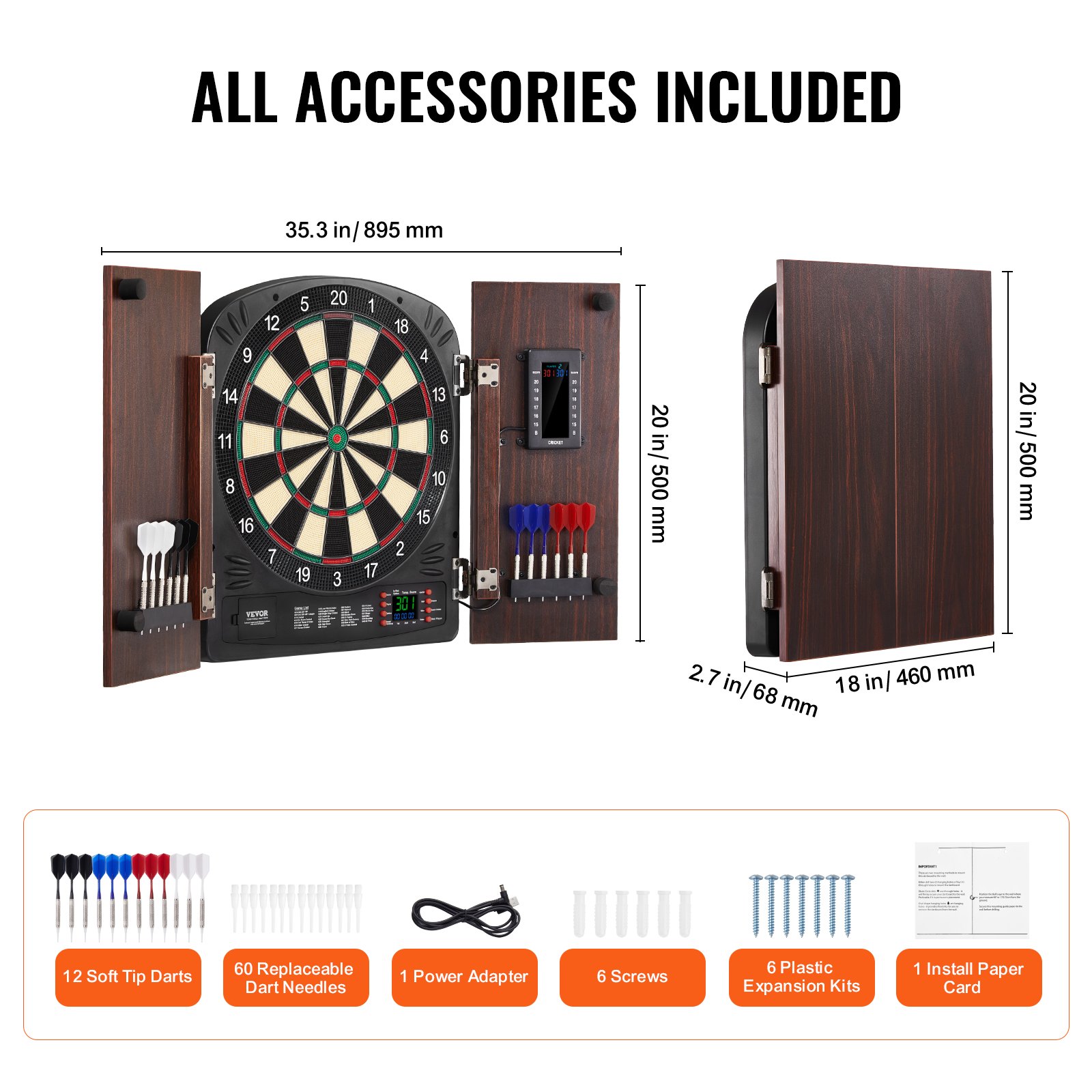 VEVOR Dartbord en Kast Set Home Dartbord Center Dartbord 34,3 cm, Opbergbare Dartkast met Elektronische Score & Eenvoudige Montage, Compleet met Alle Accessoires Party