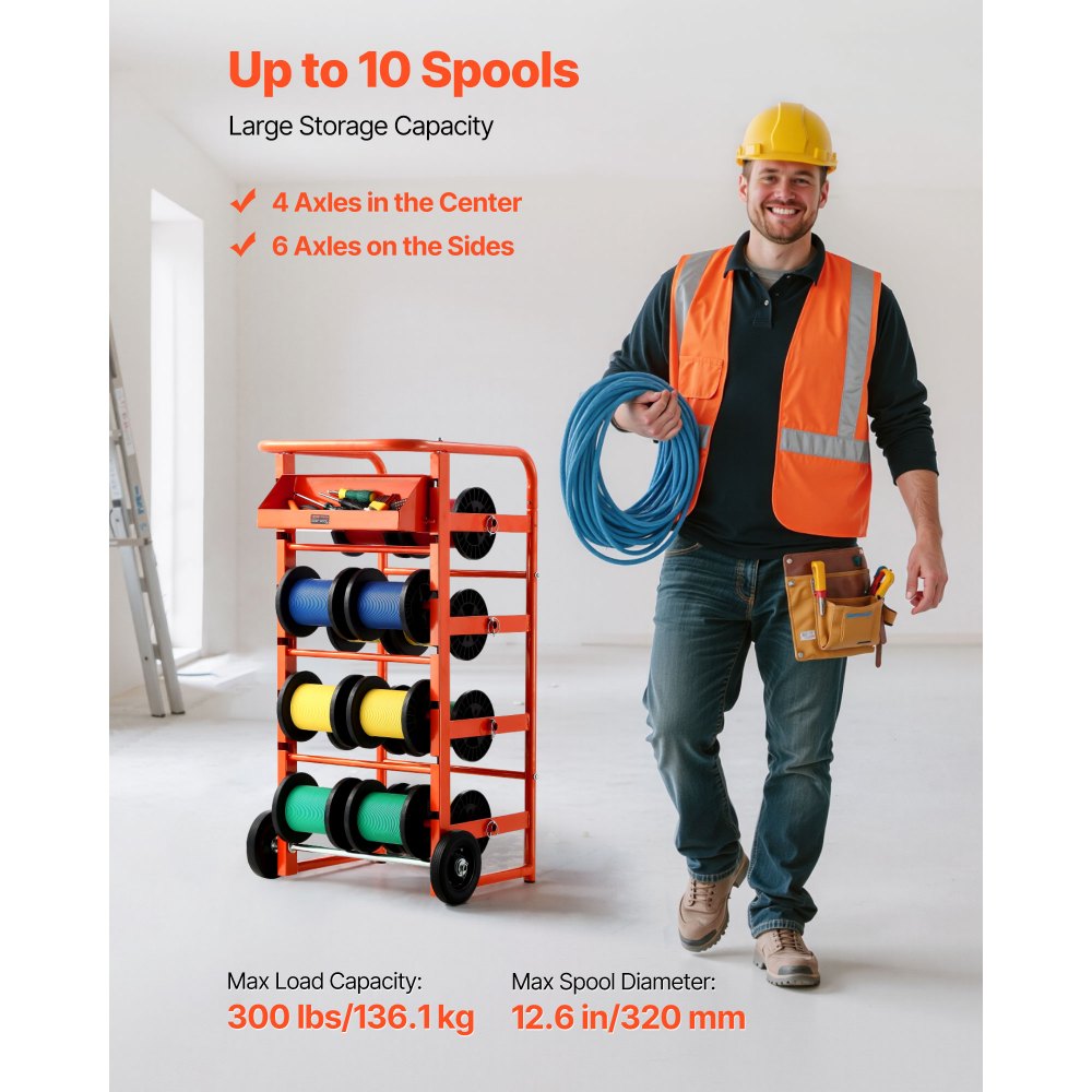 VEVOR Kabelhaspelhouder 440x385x970 mm, 11 dwarsbalken, rollende kabelhaspelhouder, vrijstaande kabelhouder met opbergvak, draagvermogen 136 kg, voor elektrotechniek, industrie en detailhandel