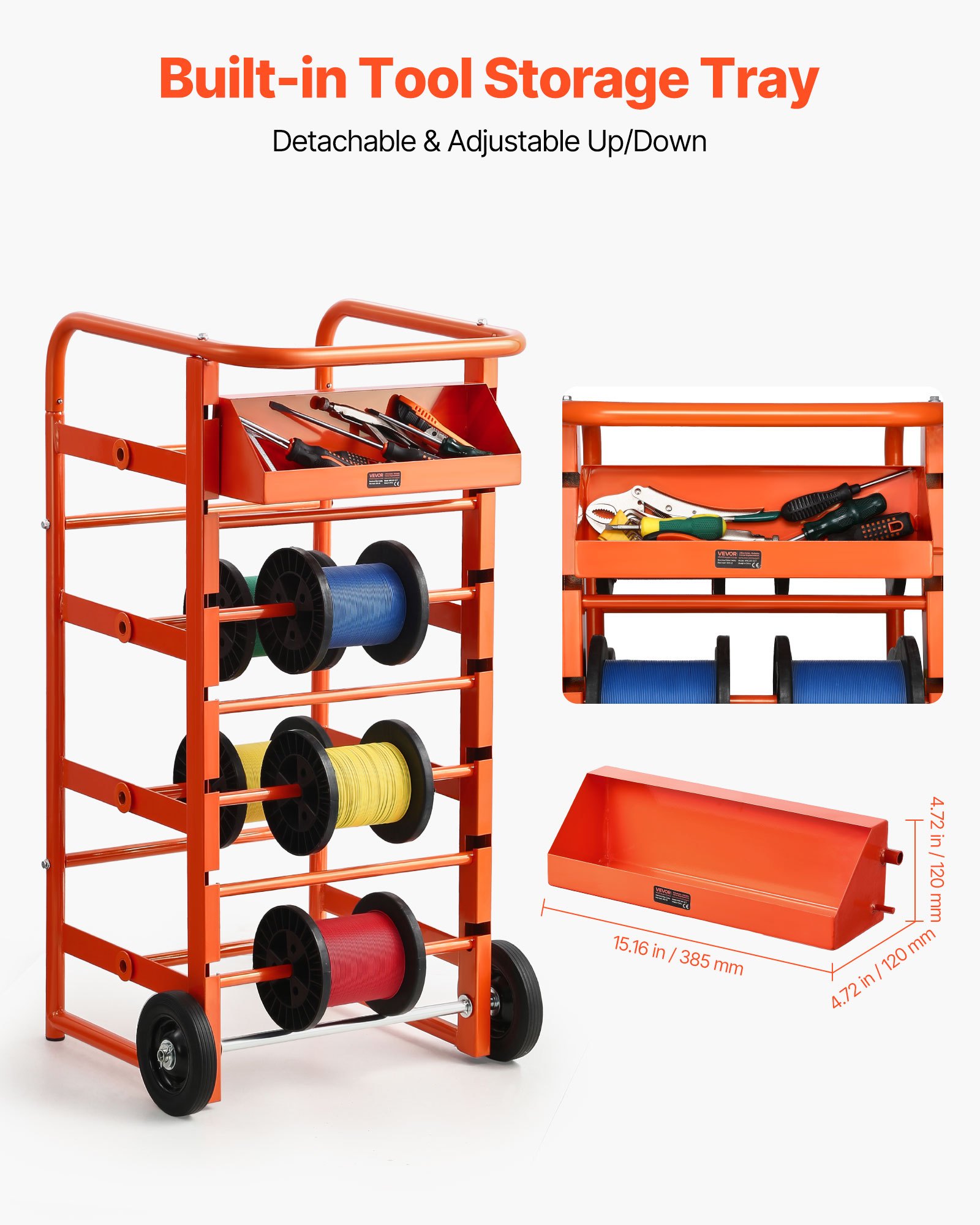 VEVOR Kabelhaspelhouder 440x385x970 mm, 11 dwarsbalken, rollende kabelhaspelhouder, vrijstaande kabelhouder met opbergvak, draagvermogen 136 kg, voor elektrotechniek, industrie en detailhandel