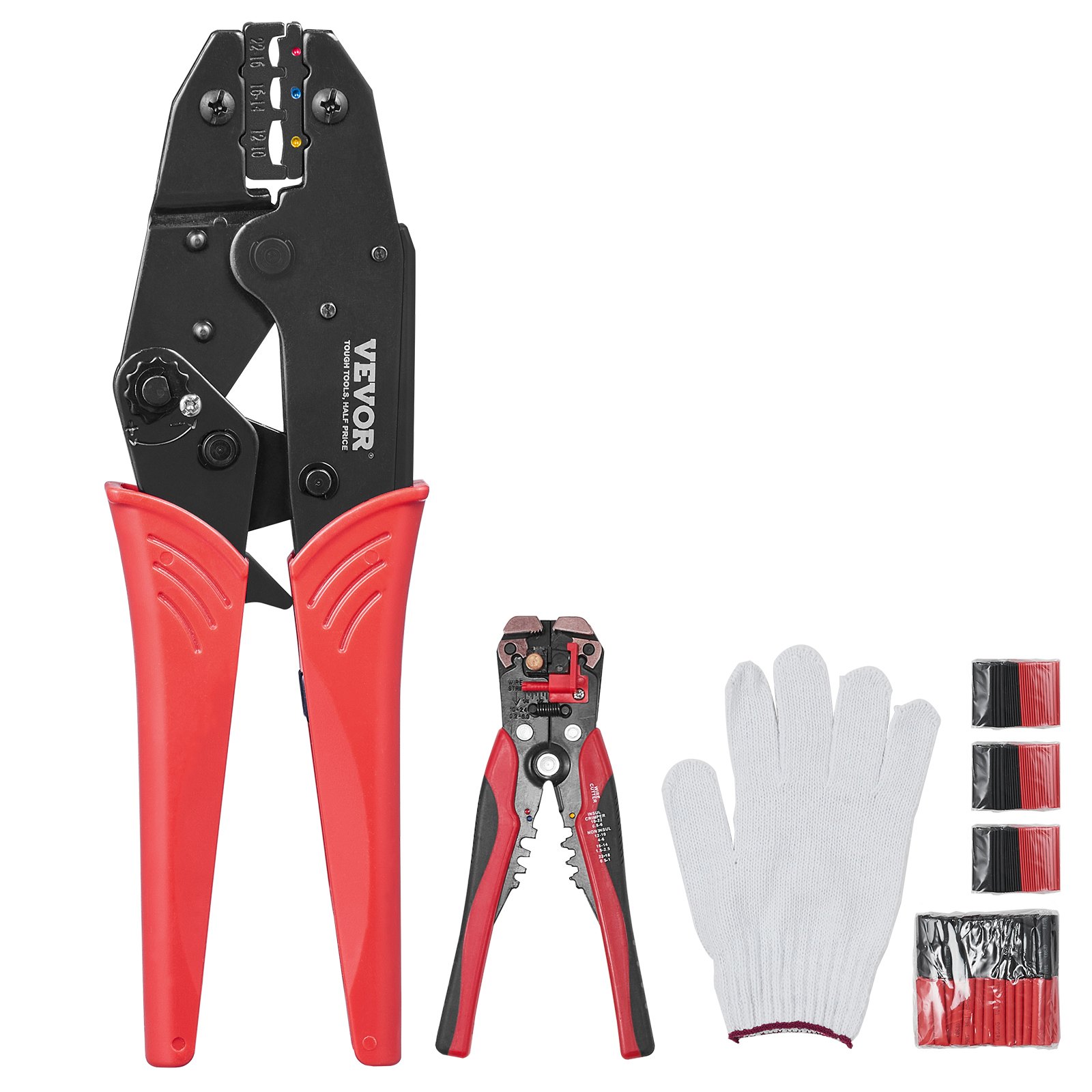VEVOR Crimping Tool, AWG22-10 Heat Shrink/Nylon/Insulated Terminal Crimper, Labor-Saving Ratcheting Wire Crimp Pliers with a Pair Of Gloves, a Wire Stripping Pliers, and 210pcs Heat Shrink Tubes