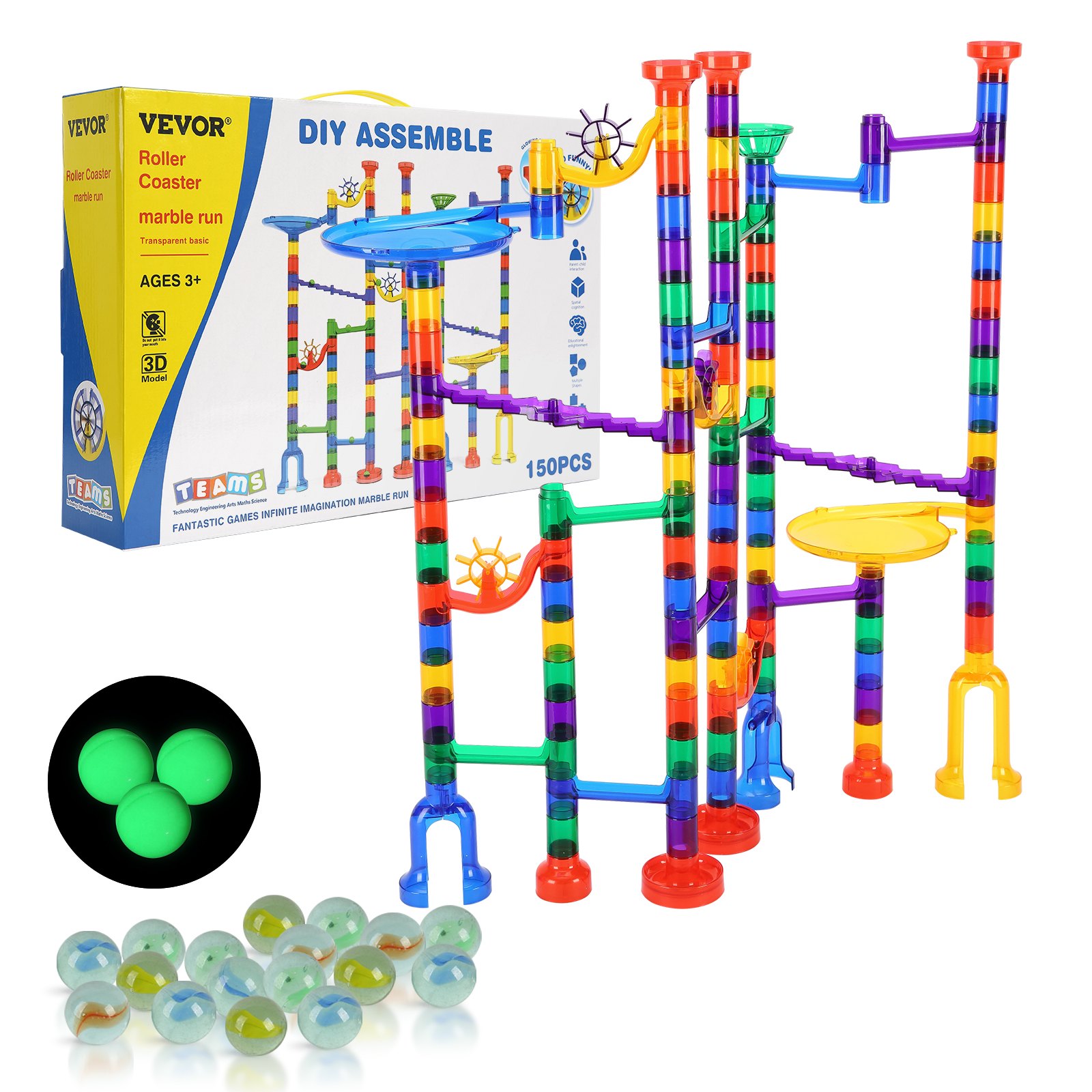 VEVOR Marble Run Set, 150-delige knikkerbaan-bouwsteenpuzzel, met 10 glow-in-the-dark knikkers + 40 glazen knikkers, educatief leerzaam racebaan-STEM-speelgoed, voor kinderen vanaf 3 jaar