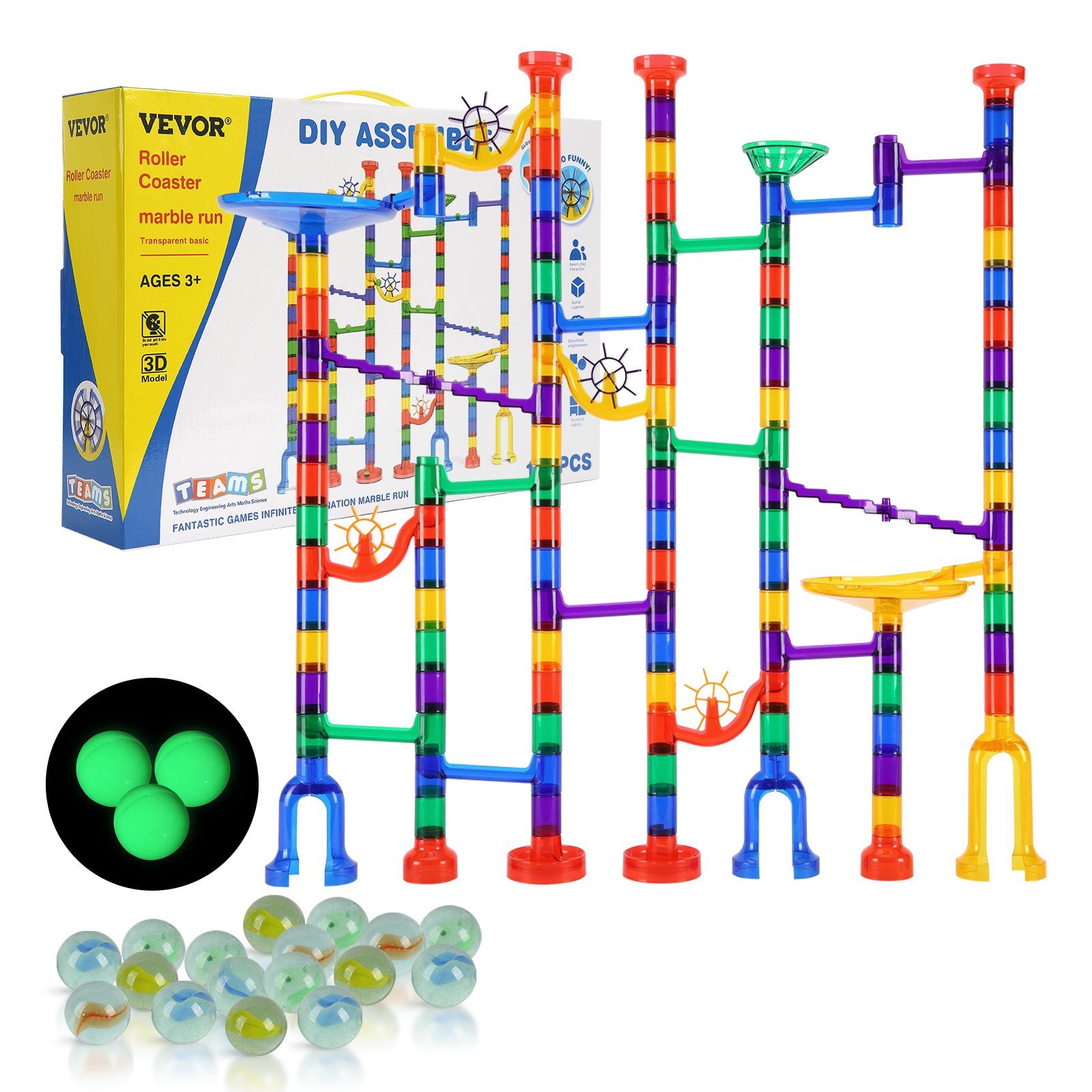 VEVOR Marble Run Set, 150-delige knikkerbaan-bouwsteenpuzzel, met 10 glow-in-the-dark knikkers + 40 glazen knikkers, educatief leerzaam racebaan-STEM-speelgoed, voor kinderen vanaf 3 jaar