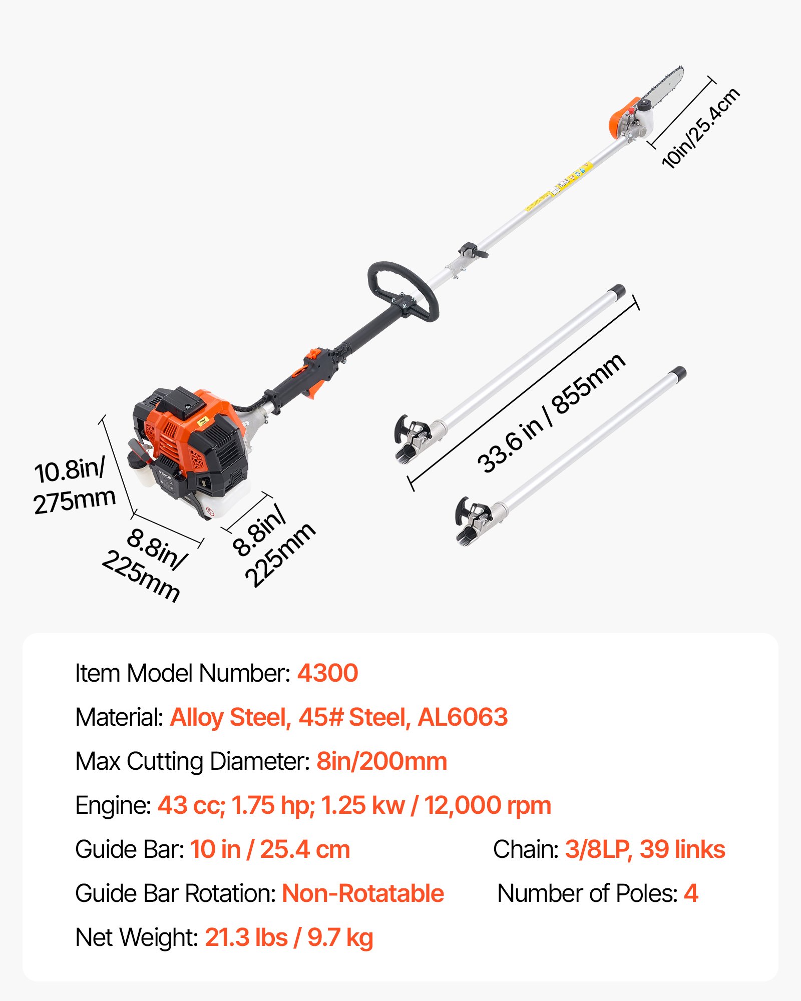 VEVOR Benzine snoeischaar, 43cc 2-takt telescopische zaag, kettingzaag met roterende kop, uitschuifbare steel van 2,11-3,61 m, zaagblad van 25,4 cm, brandstoftank van 850 ml, voor het snoeien van bomen