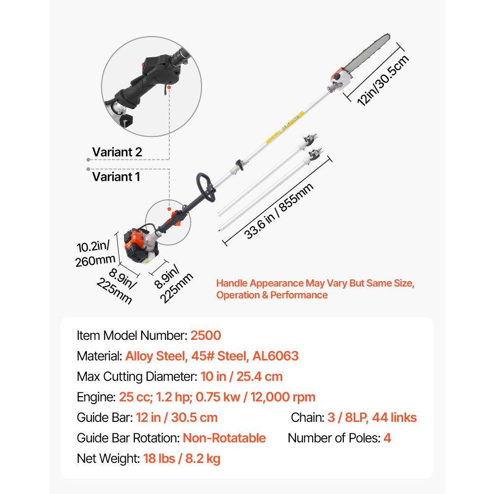 VEVOR Benzine Telescoopzaag 25cc 2-takt, Kettingzaag, Telescopische Zaag met 2,12–3,62 m uitschuifbare steel, 30,5 cm zaagblad, 650 ml brandstoftank, voor krachtig zagen in hoge boomkruinen.