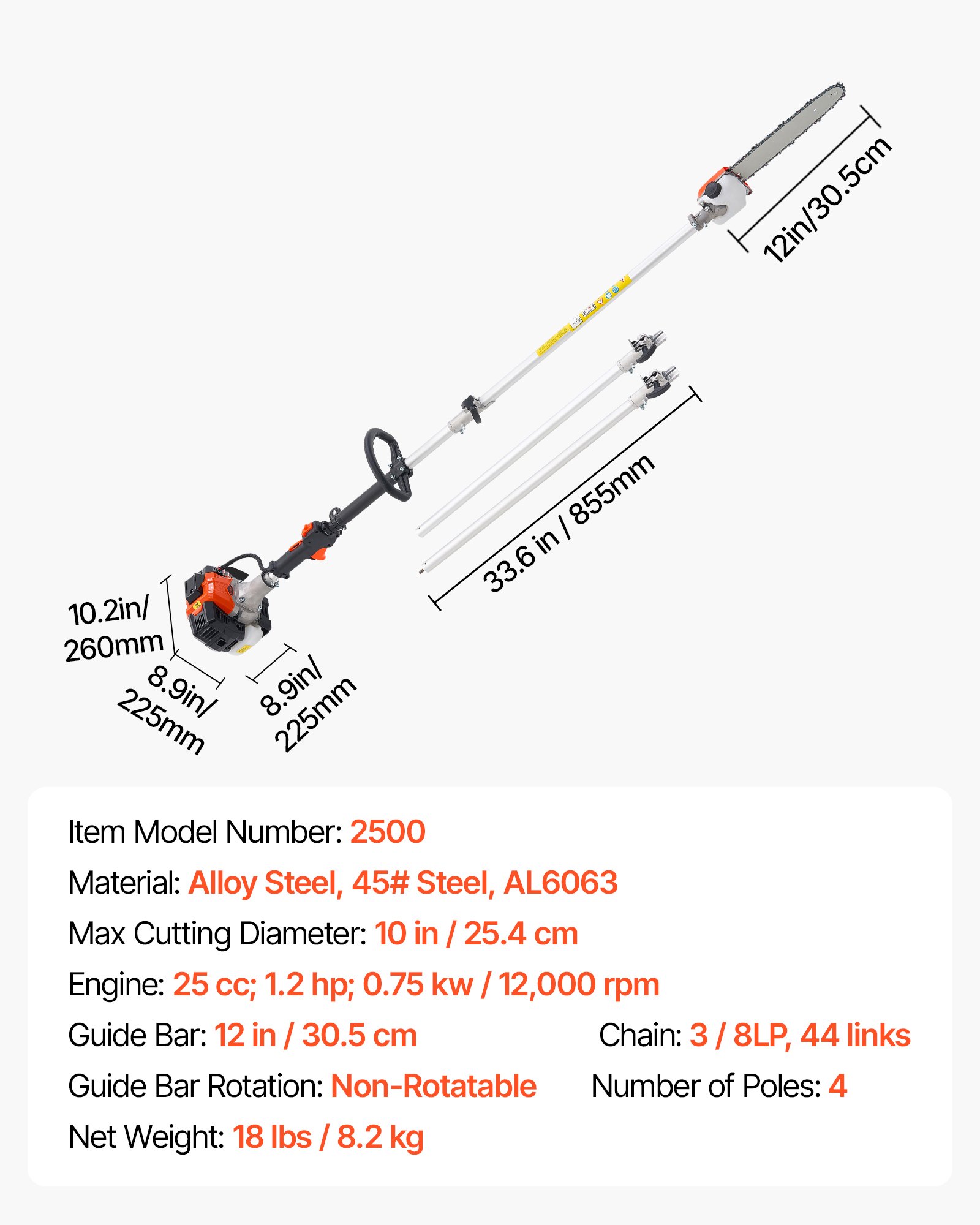 VEVOR 25cc 2-takt benzine-stokzaag, kettingzaag, telescopische zaag met uitschuifbare stok van 2,12–3,62 m, zaagblad van 30,5 cm, brandstoftank van 650 ml, voor krachtig zagen in hoge boomtoppen