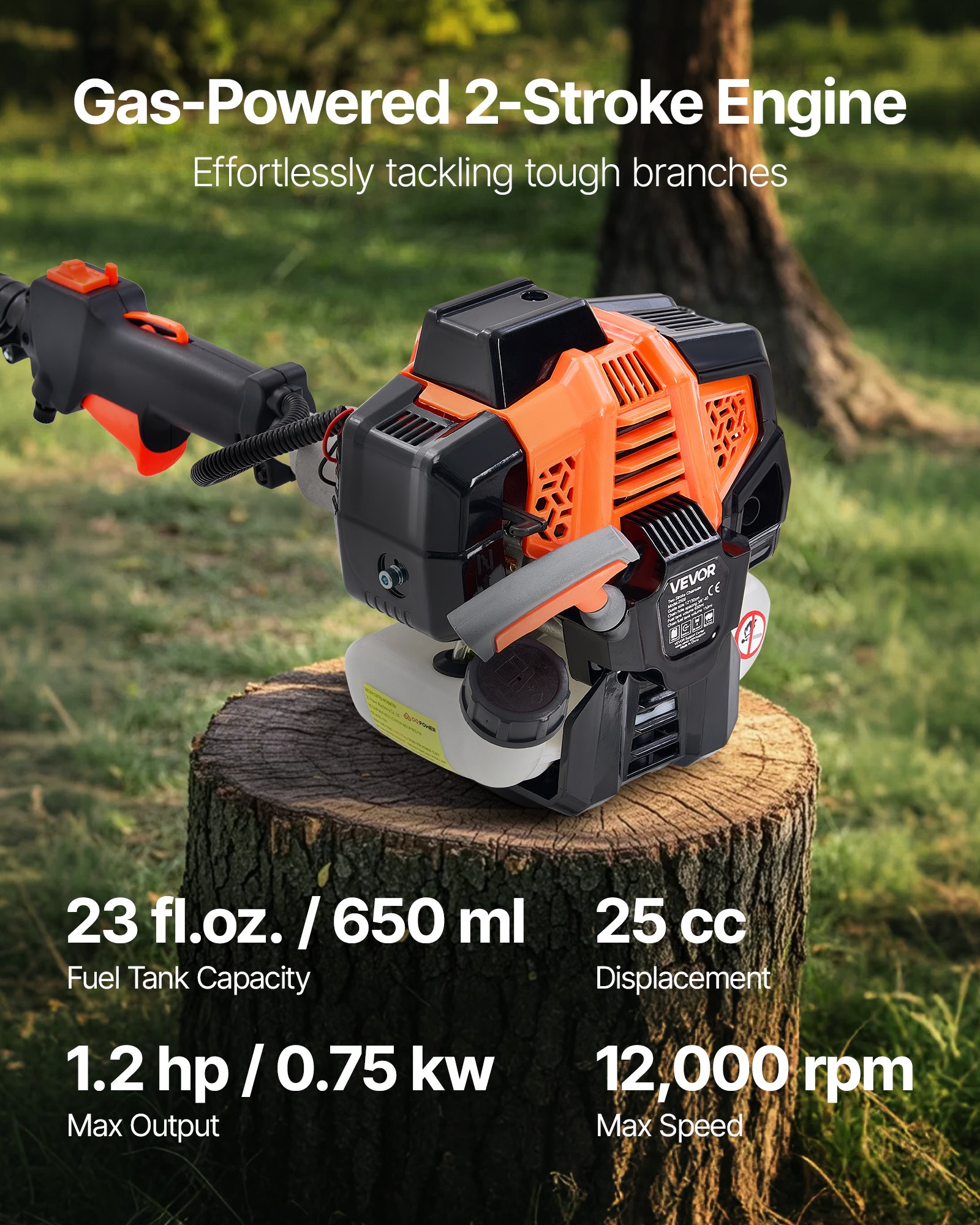 VEVOR Benzine Telescoopzaag 25cc 2-takt, Kettingzaag, Telescopische Zaag met 2,12–3,62 m uitschuifbare steel, 30,5 cm zaagblad, 650 ml brandstoftank, voor krachtig zagen in hoge boomkruinen.