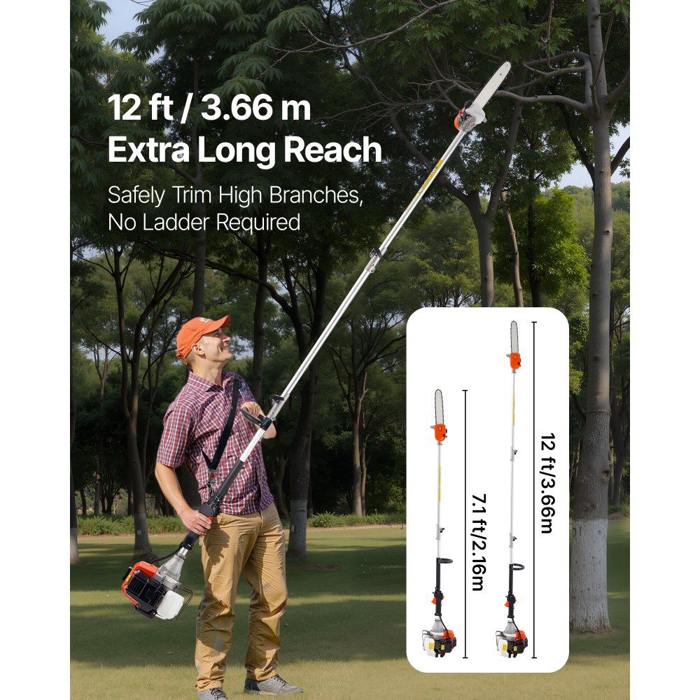 VEVOR Gas Pole Saw, 43CC 2 Stroke Gas Powered Pole Saws with 12 in Cutting Bar, Cordless Tree Trimmer with Rotatable Head, 7.1 to 12 ft Extendable, Powerful Chainsaw for Tree Trimming Pruning