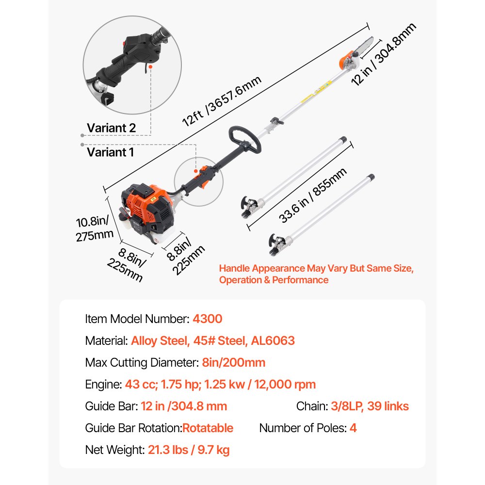 VEVOR benzine-aangedreven snoeizaag met 43cc 2-taktmotor, kettingzaag met draaibare kop, telescopische zaag met uitschuifbare steel van 2,16-3,66 m, zaagblad van 25,4 cm, brandstoftank van 850 ml, voor het snoeien van bomen.