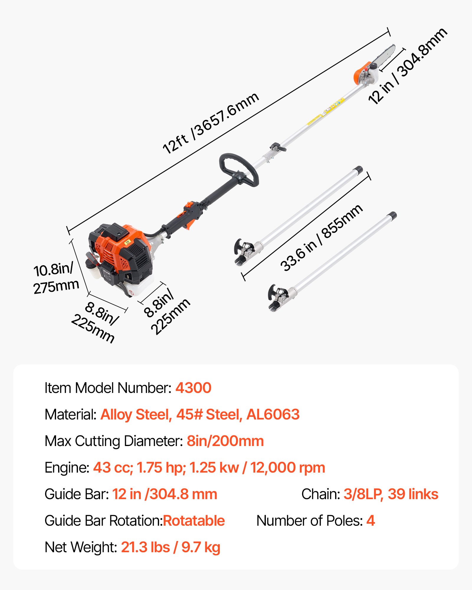 VEVOR Gas Pole Saw, 43CC 2 Stroke Gas Powered Pole Saws with 12 in Cutting Bar, Cordless Tree Trimmer with Rotatable Head, 7.1 to 12 ft Extendable, Powerful Chainsaw for Tree Trimming Pruning