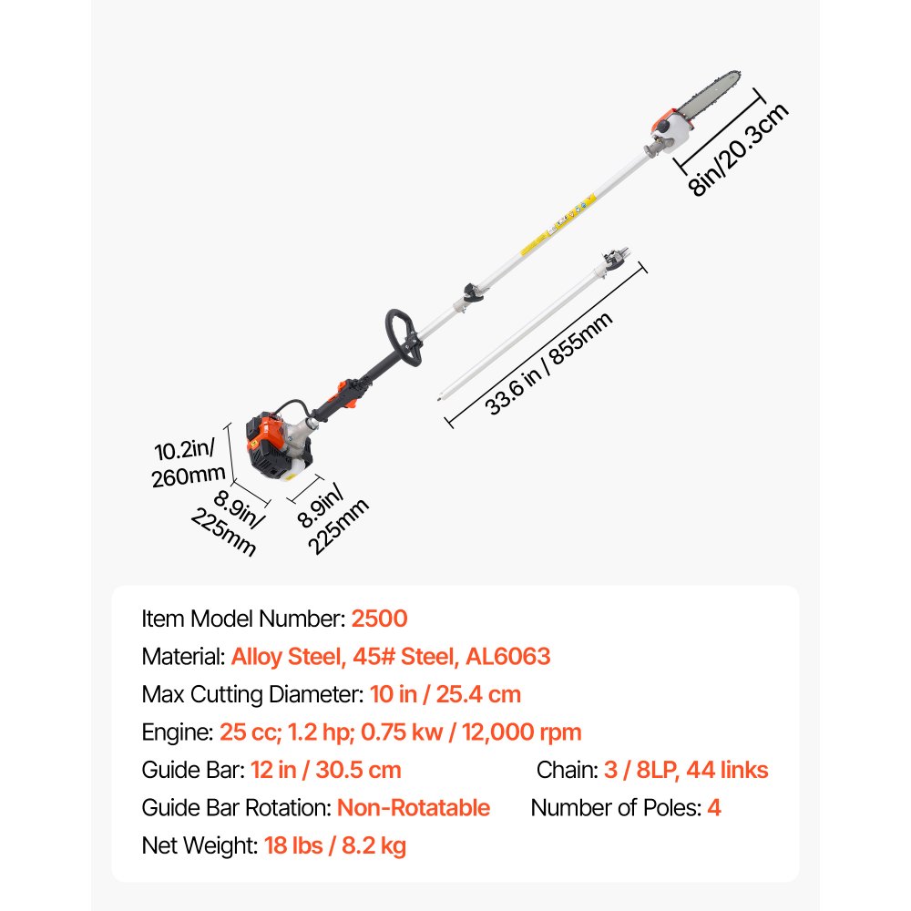 VEVOR benzine-snoeischaar, 25cc 2-takt, kettingzaag, telescopische zaag met 2-2,74 m uitschuifbare steel, 20,3 cm zaagblad, 650 ml brandstoftank, voor krachtig zagen in hoge boomtoppen