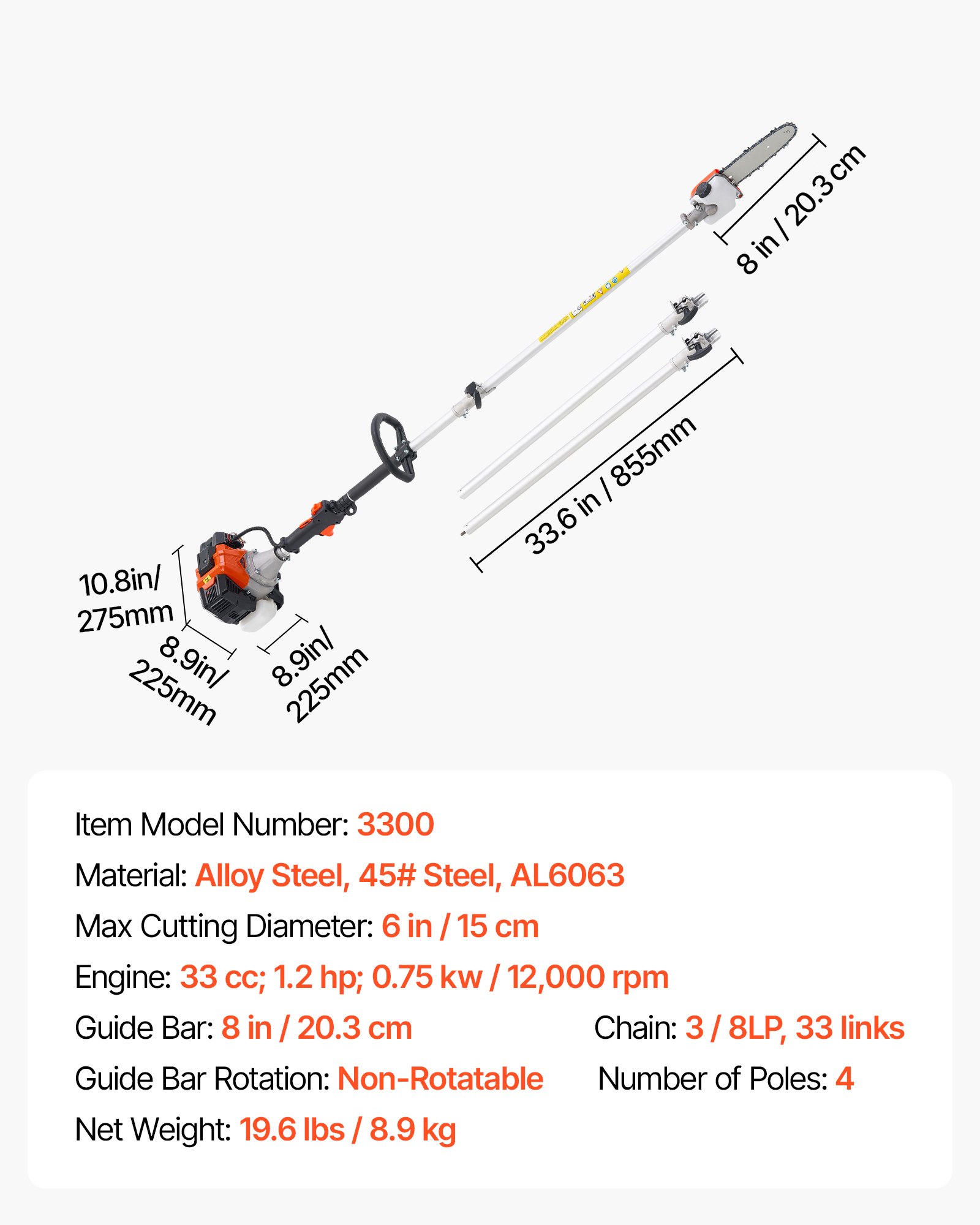 VEVOR Gas Pole Saw, 33CC 2 Stroke Gas Powered Pole Saws with 8 in Cutting Bar, Cordless Tree Trimmer with 30 fl.oz Fuel Tank, 6.7 to 11.6 ft Extendable, Powerful Chainsaw for Tree Trimming Pruning