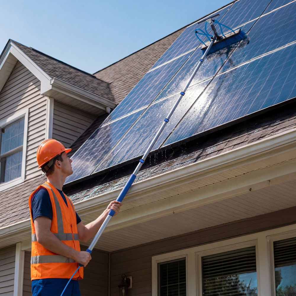 VEVOR 2-in-1 telescopische reinigingsborstel voor zonnepanelen, fotovoltaïsche reinigingsset met 1,2-4,6 m aluminium telescoop, 20 m wateraansluiting, wisser, zeepdispenser en reinigingsborstel voor zonne-energiesystemen, ramen en terrasdaken.