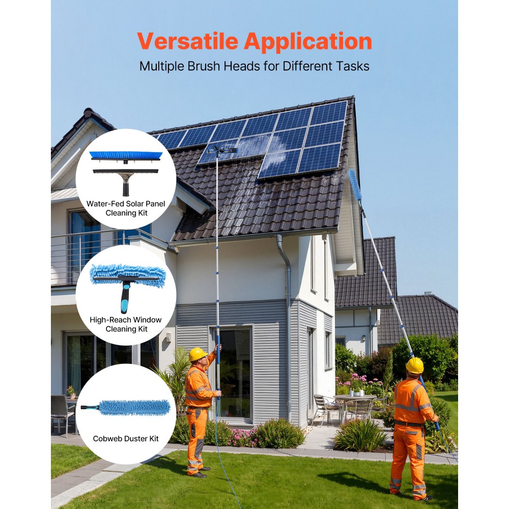 VEVOR 2-in-1 telescopische reinigingsborstel voor zonnepanelen, fotovoltaïsche reinigingsset met 1,2-4,6 m aluminium telescoop, 20 m wateraansluiting, wisser, zeepdispenser en reinigingsborstel voor zonne-energiesystemen, ramen en terrasdaken.
