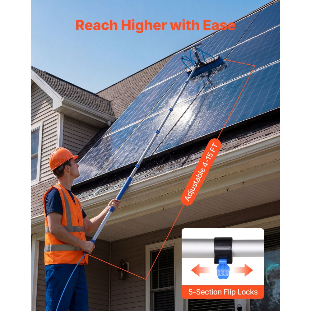 VEVOR 2-in-1 telescopische reinigingsborstel voor zonnepanelen, fotovoltaïsche reinigingsset met 1,2-4,6 m aluminium telescoop, 20 m wateraansluiting, wisser, zeepdispenser en reinigingsborstel voor zonne-energiesystemen, ramen en terrasdaken.