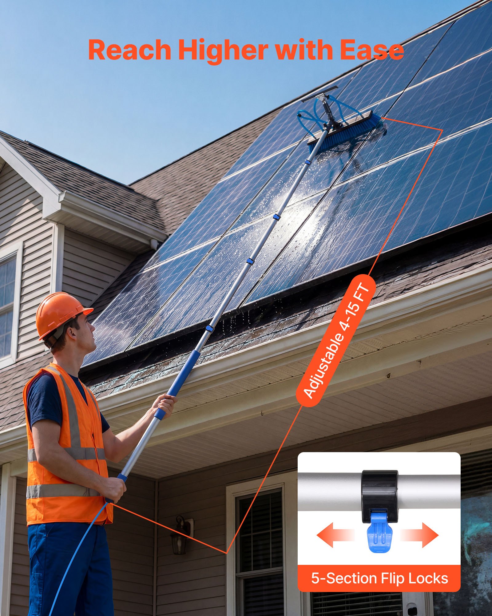 VEVOR 2-in-1 telescopische reinigingsborstel voor zonnepanelen, fotovoltaïsche reinigingsset met 1,2-4,6 m aluminium telescoop, 20 m wateraansluiting, wisser, zeepdispenser en reinigingsborstel voor zonne-energiesystemen, ramen en terrasdaken.