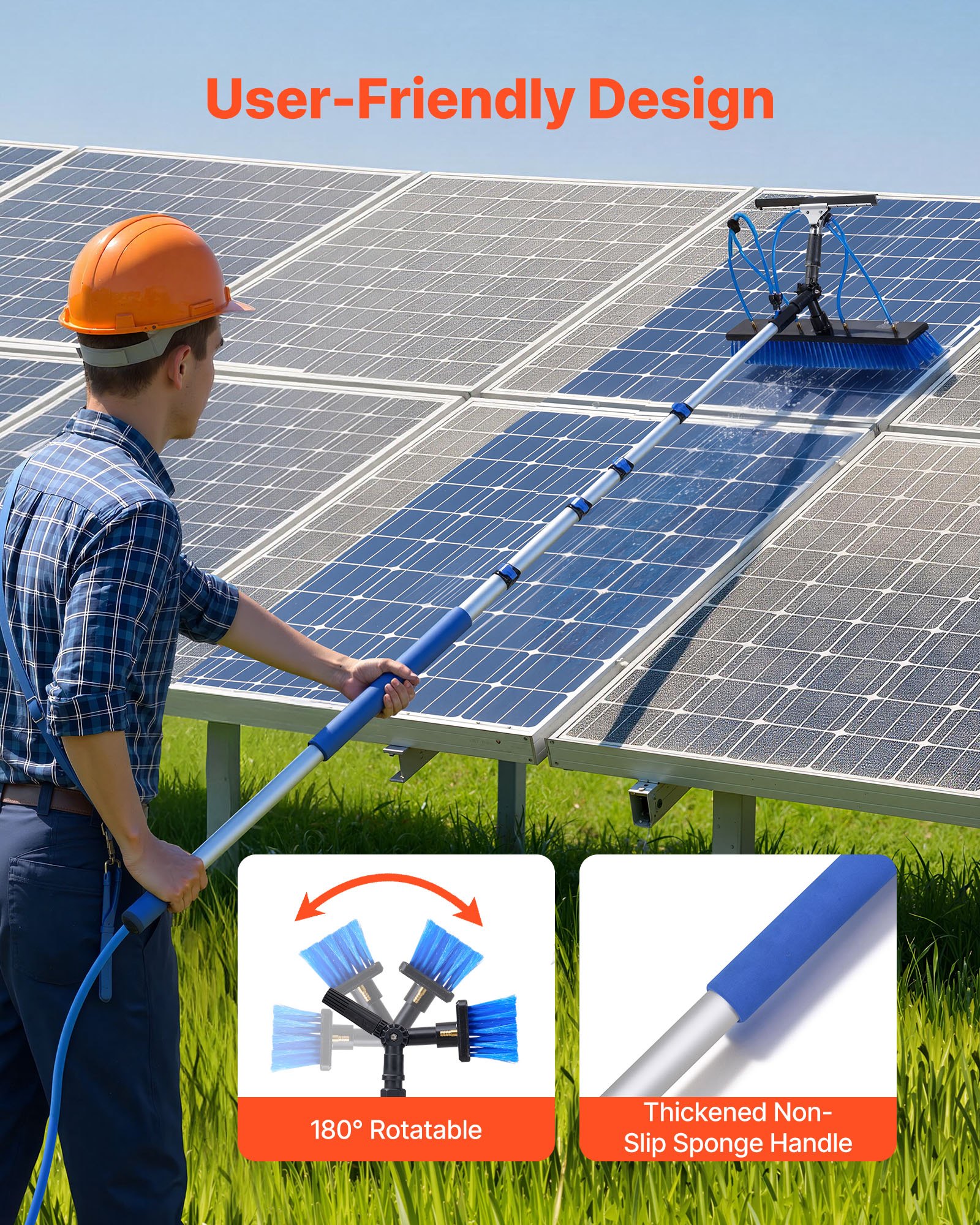 VEVOR 2-in-1 telescopische reinigingsborstel voor zonnepanelen, fotovoltaïsche reinigingsset met 1,2-4,6 m aluminium telescoop, 20 m wateraansluiting, wisser, zeepdispenser en reinigingsborstel voor zonne-energiesystemen, ramen en terrasdaken.