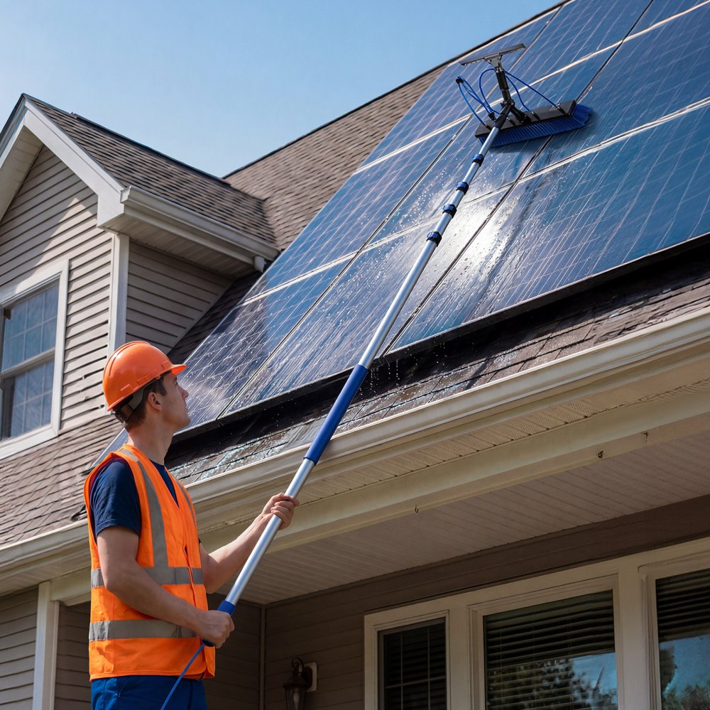 VEVOR 2-in-1 telescopische reinigingsborstel voor zonnepanelen, fotovoltaïsche reinigingsset met 1,8-7,9 m aluminium telescoop, 20 m wateraansluiting, wisser, zeepdispenser en reinigingsborstel voor zonne-energiesystemen, ramen en terrasdaken.
