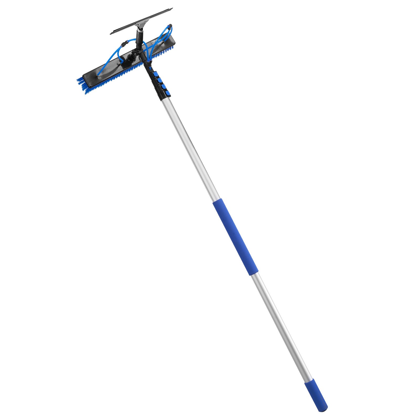 VEVOR 2-in-1 telescopische reinigingsborstel voor zonnepanelen, fotovoltaïsche reinigingsset met 1,8-7,9 m aluminium telescoop, 20 m wateraansluiting, wisser, zeepdispenser en reinigingsborstel voor zonne-energiesystemen, ramen en terrasdaken.