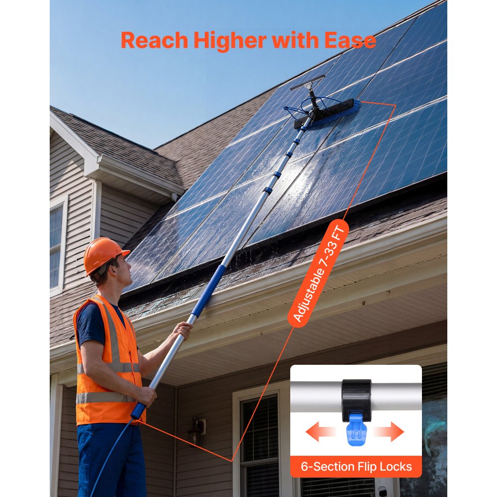 VEVOR 2-in-1 telescopische reinigingsborstel voor zonnepanelen, fotovoltaïsche reinigingsset met 2-10m aluminium telescoop, 20m wateraansluiting, wisser en zeepdispenser, reinigingsborstel voor zonne-energiesystemen, ramen en terrasdaken.