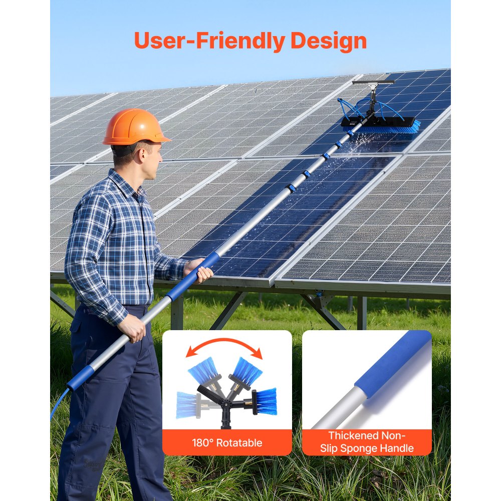 VEVOR 2-in-1 telescopische reinigingsborstel voor zonnepanelen, fotovoltaïsche reinigingsset met 2-10m aluminium telescoop, 20m wateraansluiting, wisser en zeepdispenser, reinigingsborstel voor zonne-energiesystemen, ramen en terrasdaken.