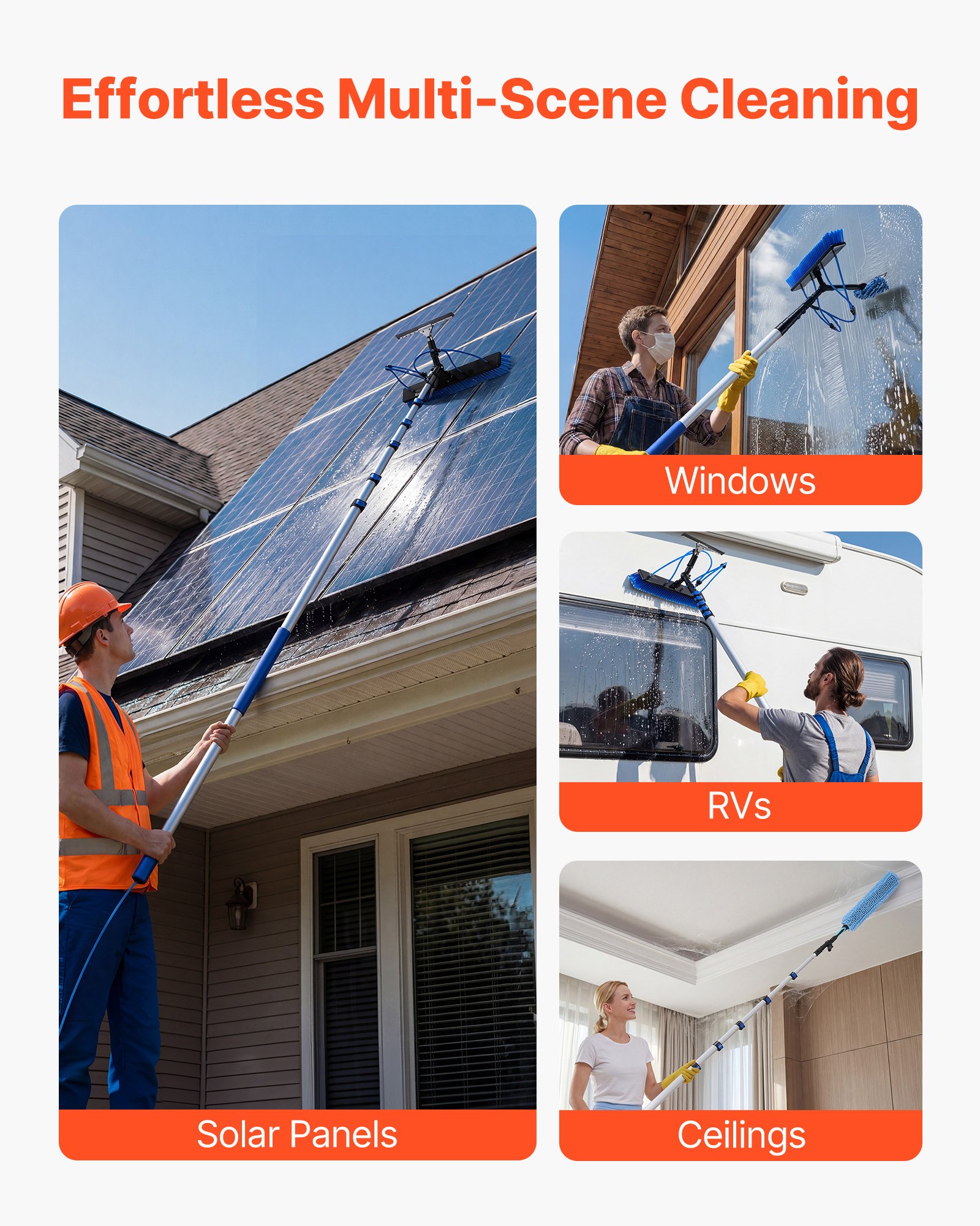 VEVOR 2-in-1 telescopische reinigingsborstel voor zonnepanelen, fotovoltaïsche reinigingsset met 2-10m aluminium telescoop, 20m wateraansluiting, wisser en zeepdispenser, reinigingsborstel voor zonne-energiesystemen, ramen en terrasdaken.