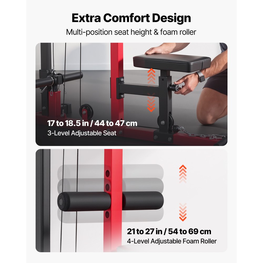 VEVOR LAT Pull Down Machine, 2-in-1 Row Cable Machine, Cable Machines Home Gym with 3-Level Adjustable Seat, 4-Level Adjustable Foam Roller, Load 227kg Lat Tower for Back, Chest, Tricep, Black Red