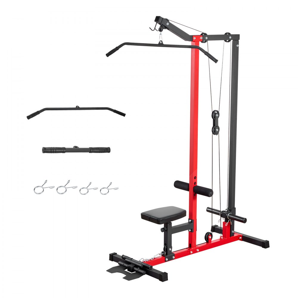 VEVOR LAT Pull Down Machine, 2-in-1 Row Cable Machine, Cable Machines Home Gym with 3-Level Adjustable Seat, 4-Level Adjustable Foam Roller, Load 227kg Lat Tower for Back, Chest, Tricep, Black Red