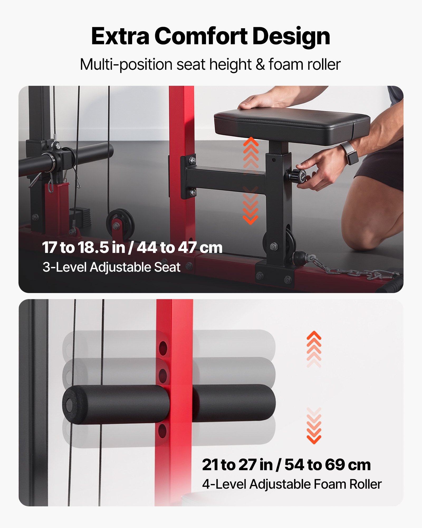 VEVOR LAT Pull Down Machine, 2-in-1 Row Cable Machine, Cable Machines Home Gym with 3-Level Adjustable Seat, 4-Level Adjustable Foam Roller, Load 227kg Lat Tower for Back, Chest, Tricep, Black Red