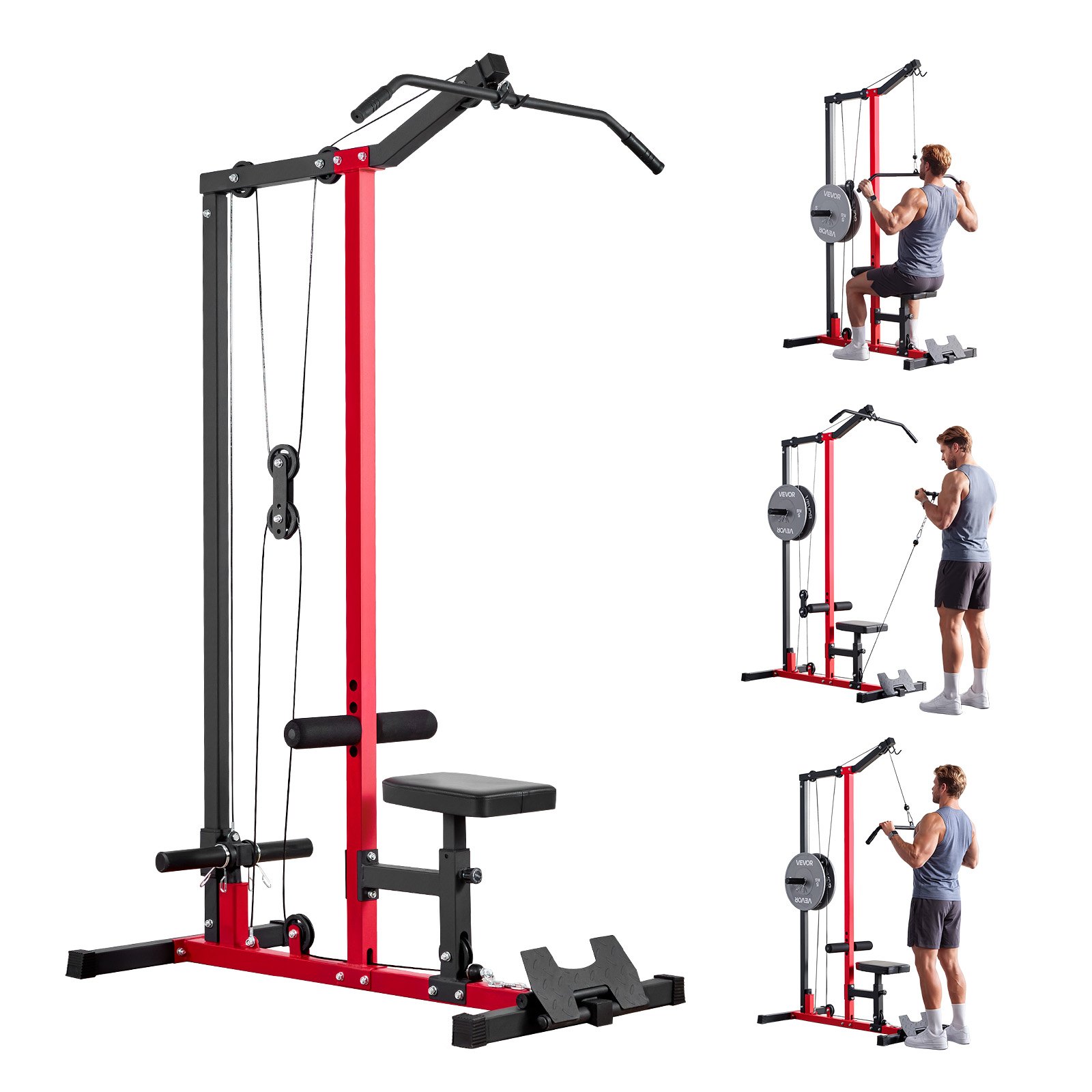 VEVOR LAT Pull Down Machine, 2-in-1 Row Cable Machine, Cable Machines Home Gym with 3-Level Adjustable Seat, 4-Level Adjustable Foam Roller, Load 227kg Lat Tower for Back, Chest, Tricep, Black Red
