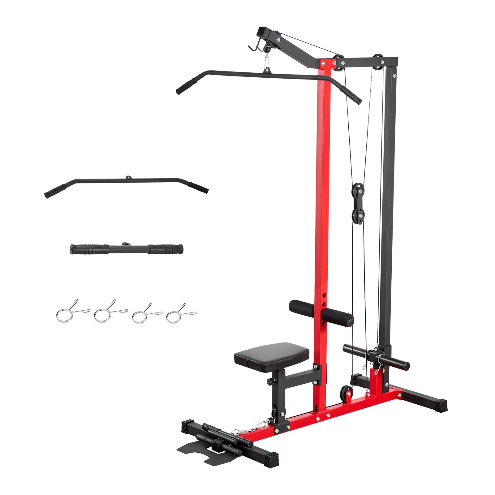 VEVOR LAT Pull Down Machine, 2-in-1 Row Cable Machine, Cable Machines Home Gym with 3-Level Adjustable Seat, 4-Level Adjustable Foam Roller, Load 227kg Lat Tower for Back, Chest, Tricep, Black Red