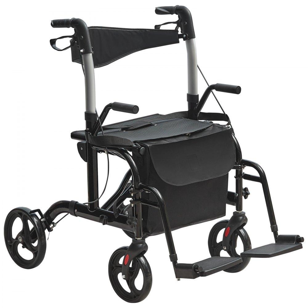 VEVOR rollator walker, black, with a sturdy frame, cushioned seat, footrests, and storage pouch.