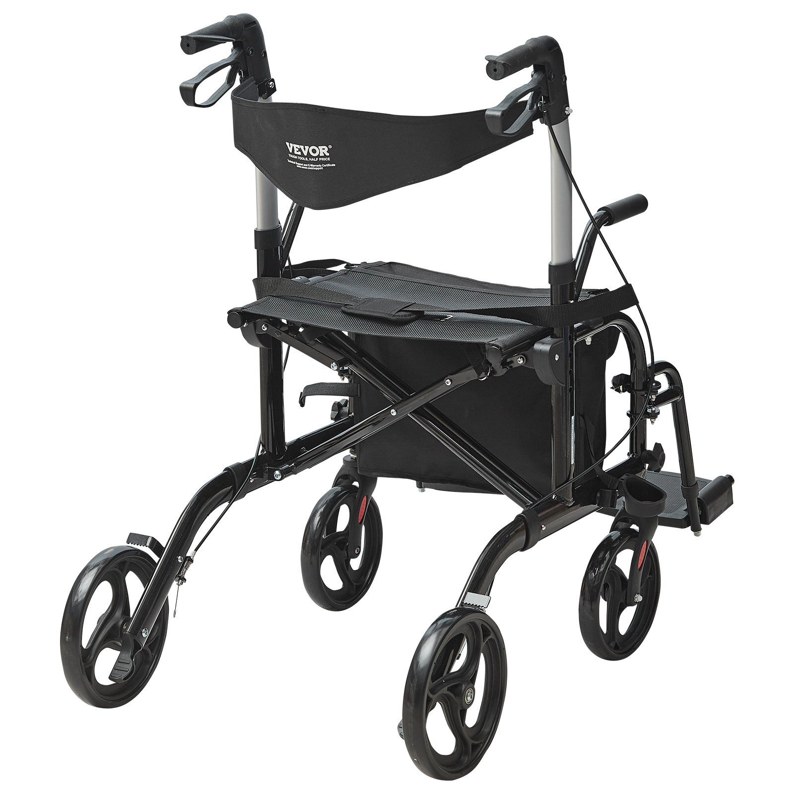 VEVOR 2-in-1 rollator en transportstoel, opvouwbare rollator-rolstoelcombinatie met voetsteunen, lichtgewicht aluminium rollator met verstelbare handgreep, all-terrain wielen, 136 kg, zwart