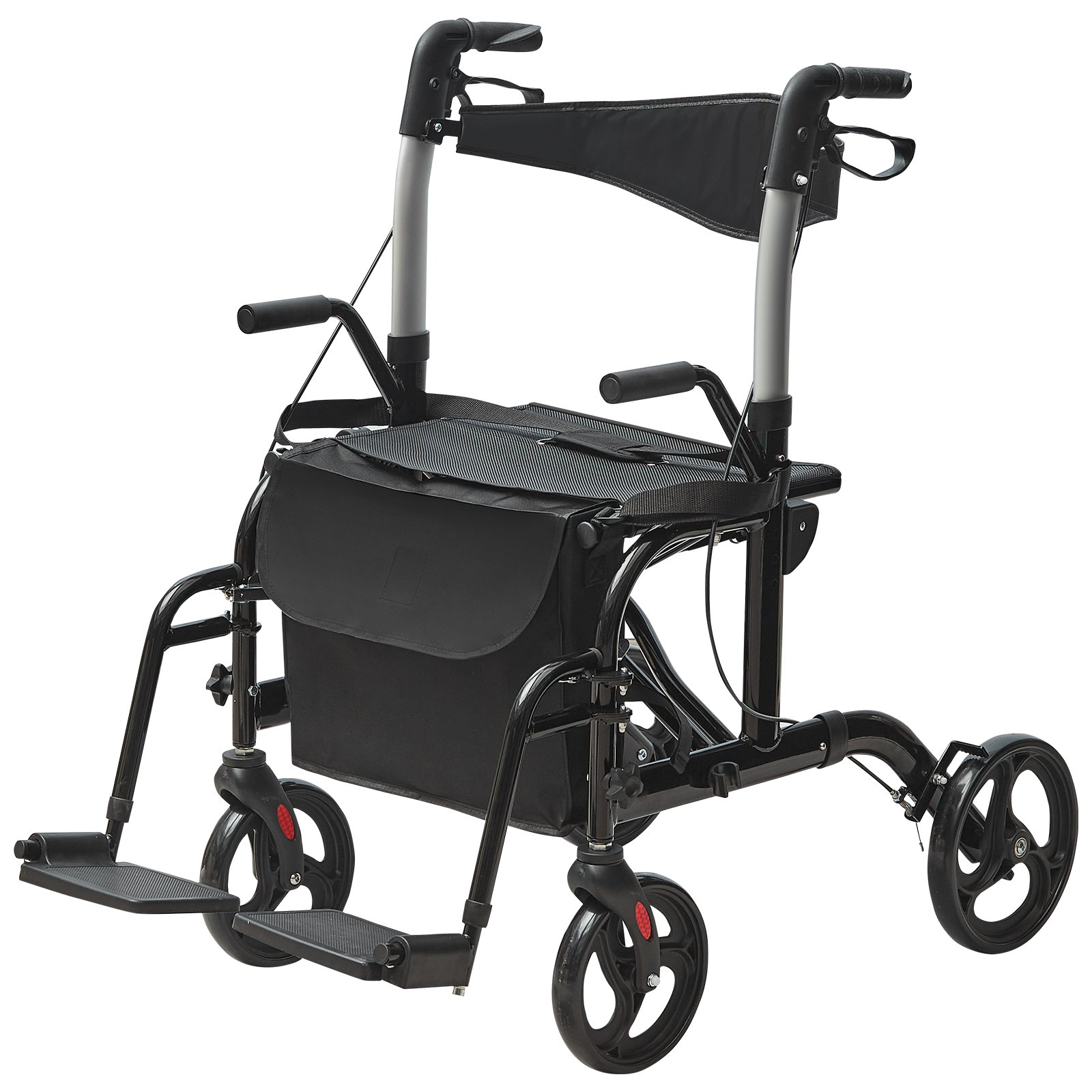 VEVOR 2-in-1 rollator en transportstoel, opvouwbare rollator-rolstoelcombinatie met voetsteunen, lichtgewicht aluminium rollator met verstelbare handgreep, all-terrain wielen, 136 kg, zwart