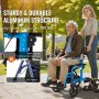 VEVOR rollator walker with reinforced aluminum frame, supports up to 300 lbs, illustrated in a park setting.