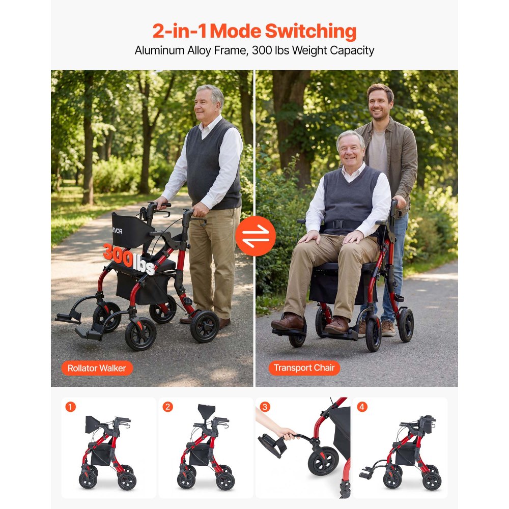 VEVOR 2-in-1 opvouwbare rollator met zitje, lichtgewicht rollator met wielen, loophulp tot 136 kg met rugleuning, tas, stokhouder, in hoogte verstelbare loophulp met vergrendelingsfunctie voor senioren, rood